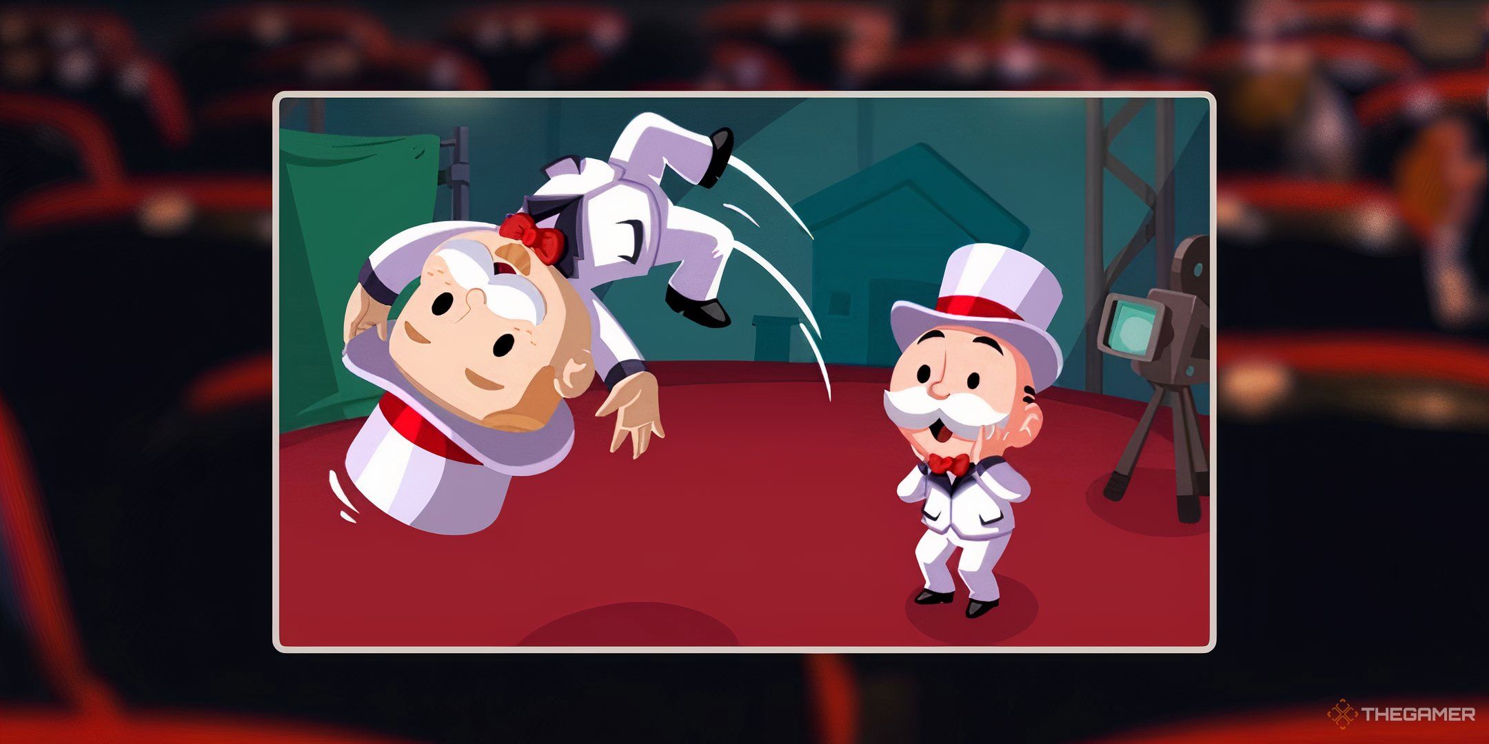 Mr. Monopoly and a friend doing stunts for the Stunt Stars event in Monopoly Go.