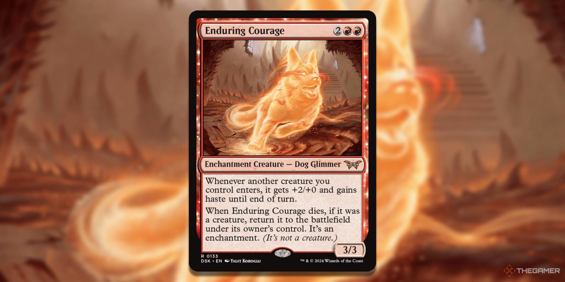 MTG Sustainable Courage Card with Art in the Background.