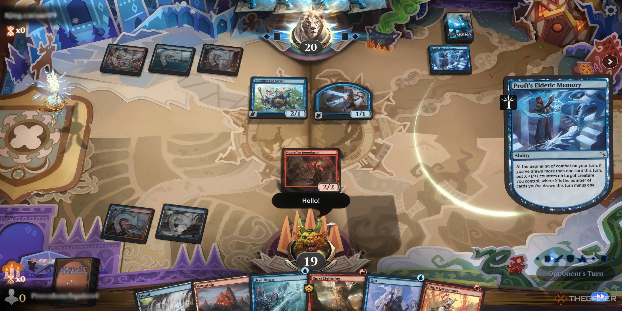 A game of Magic: The Gathering Arena featuring two red blue decks.