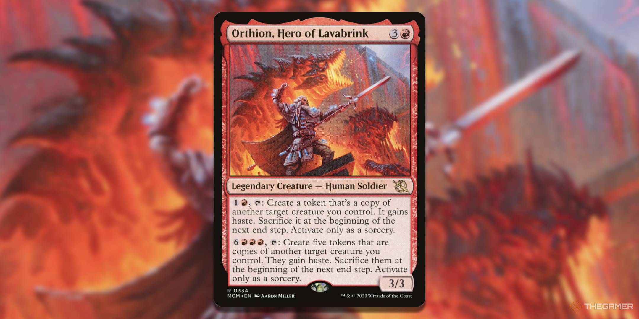 MTG Arthine, the hero of the Lorbrick card with art in the background.