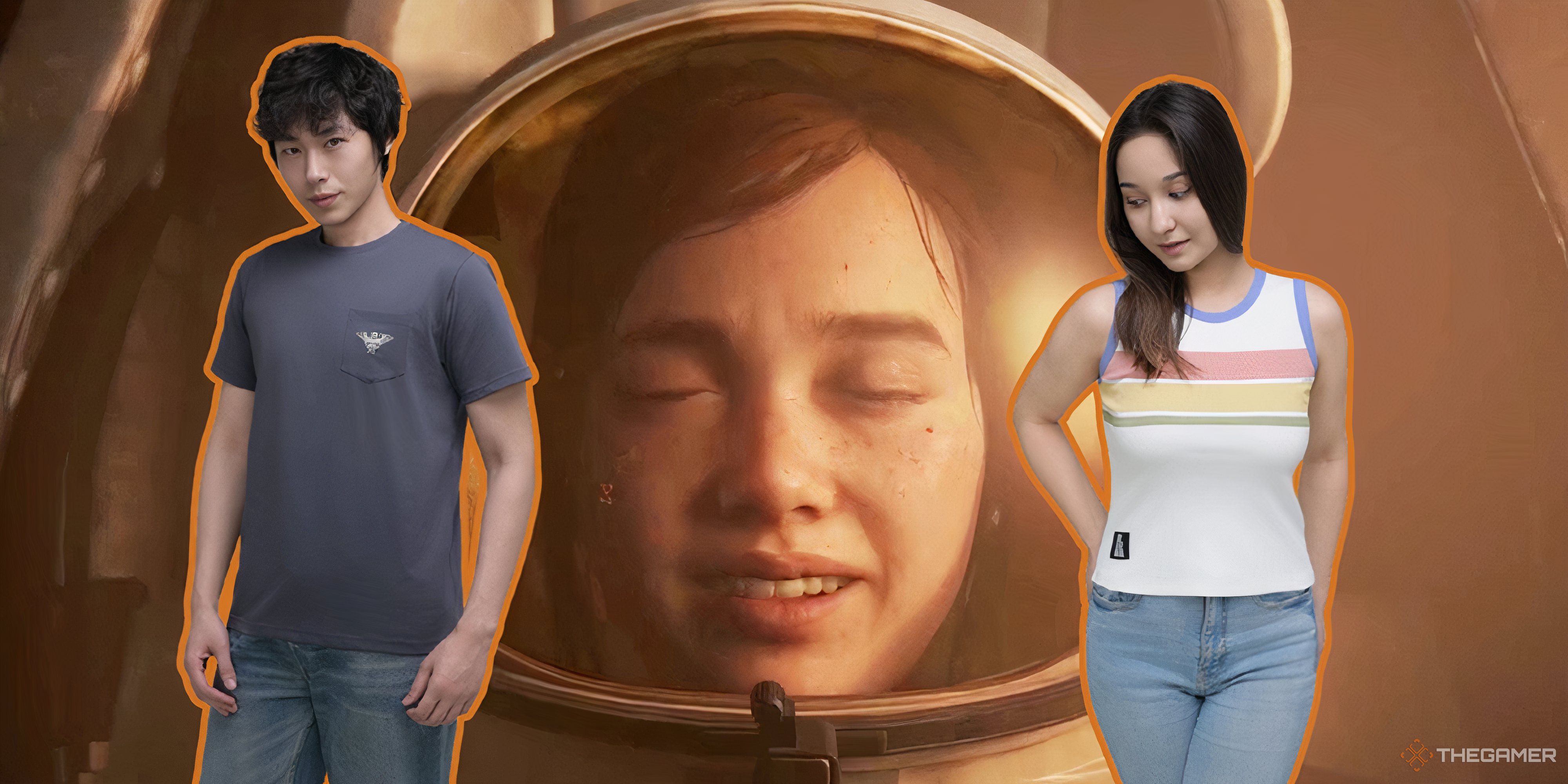 models wearing insert coin the last of us t-shirts in front of ellie wearing an astronaut helmet.