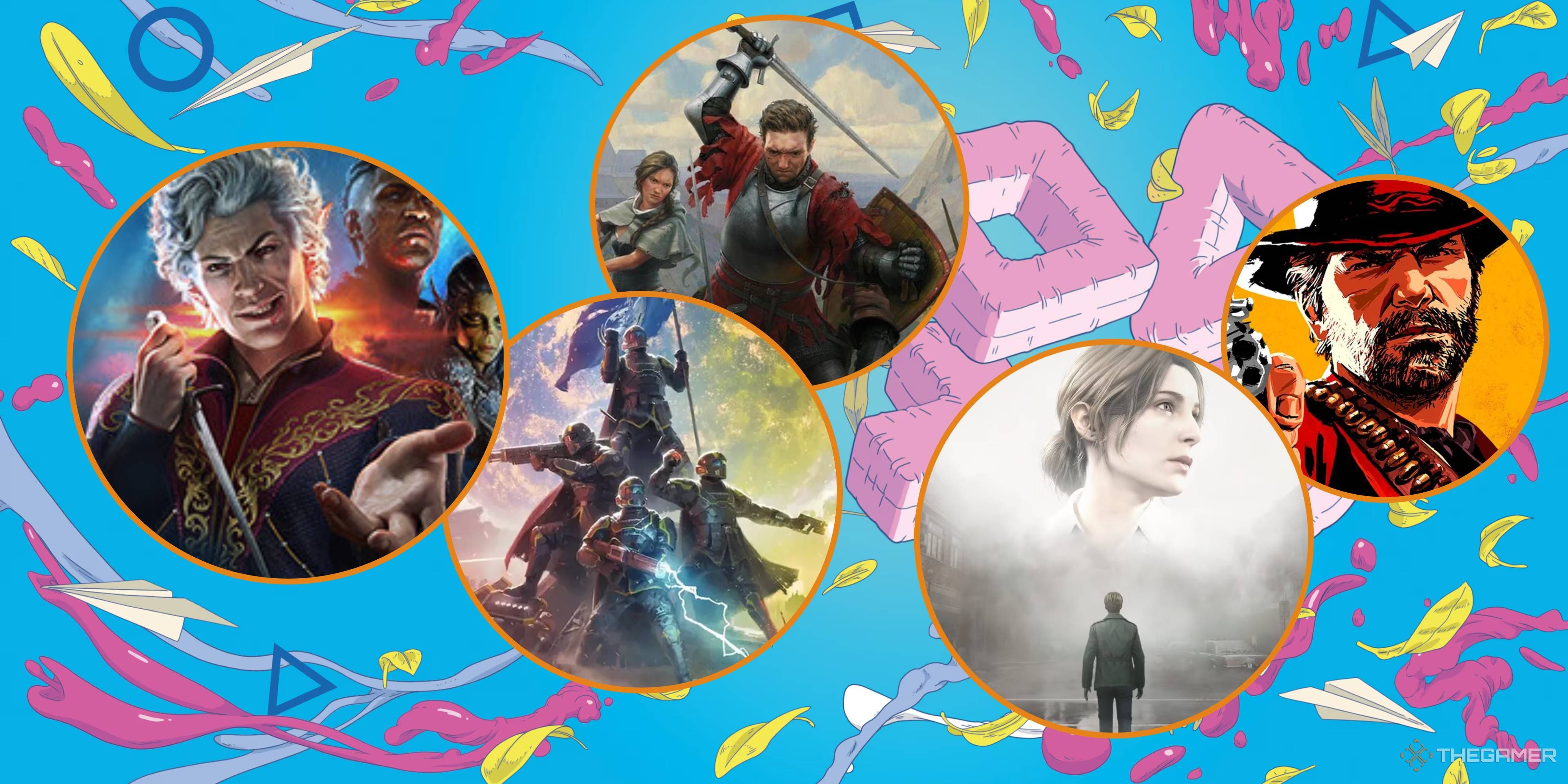 cover art in orange bordered bubbles on a playstation spring sale background.