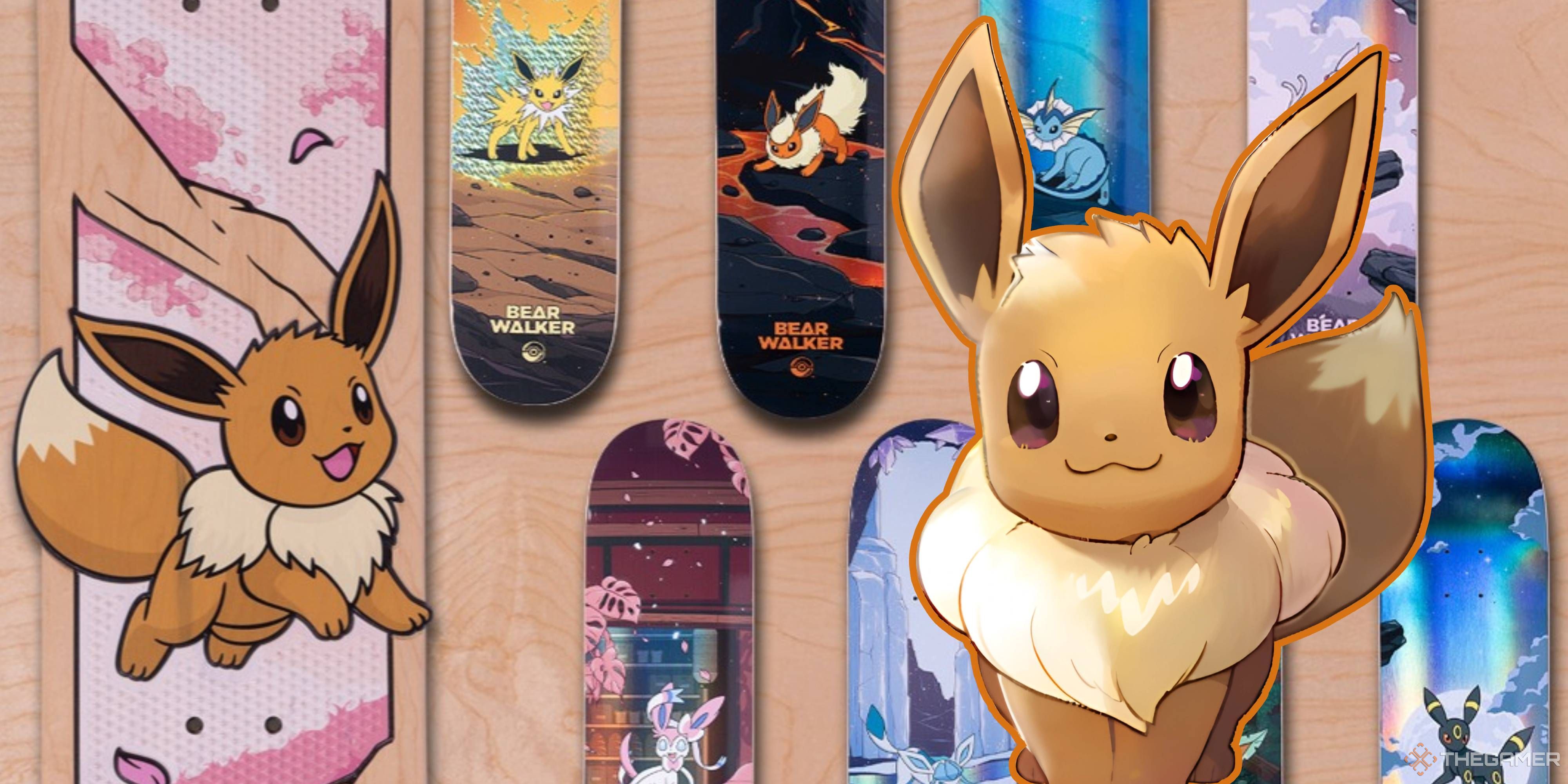 eevee standing in front of pokemon x bear walker skateboard decks.