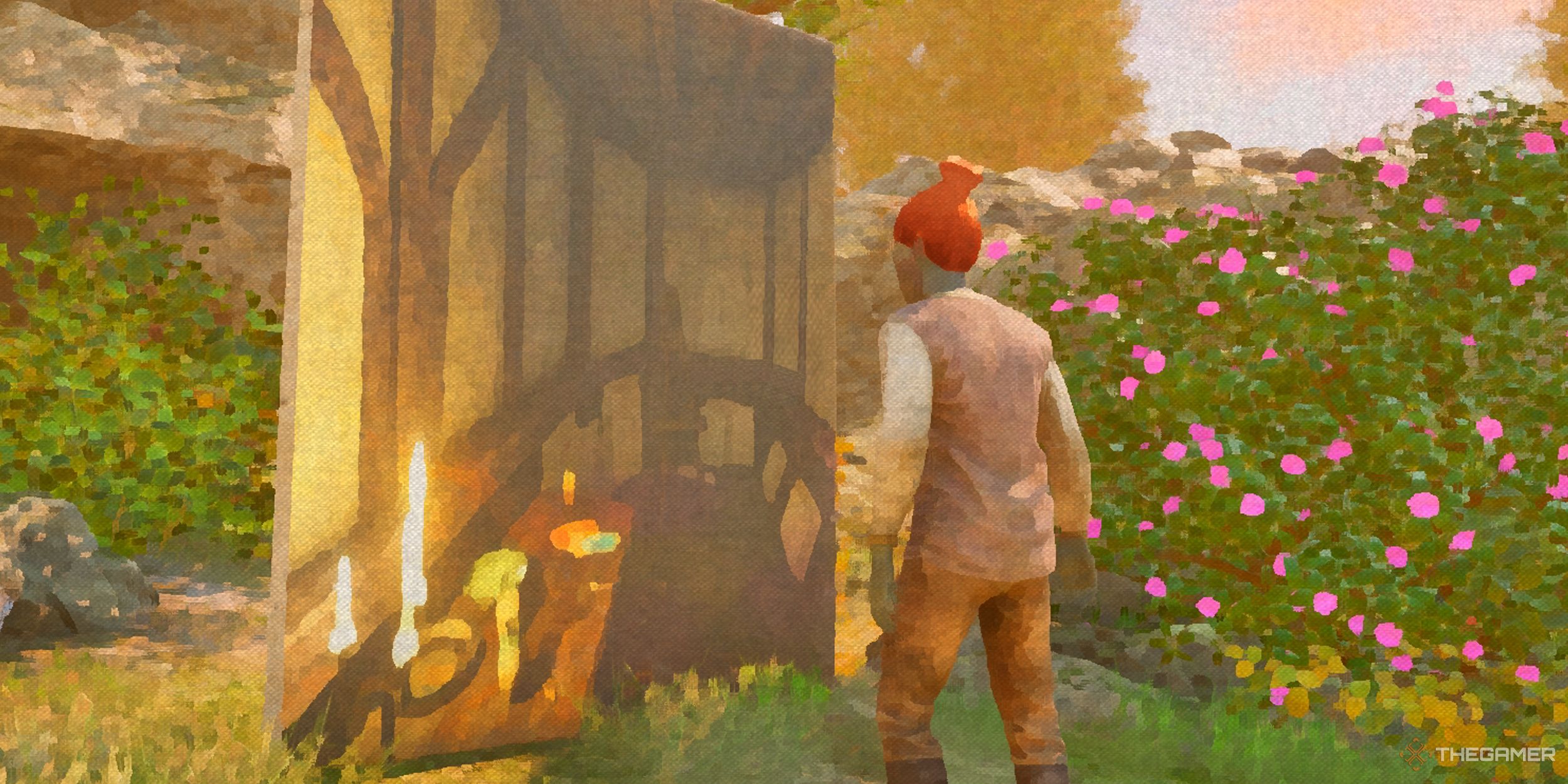 A painted man standing in front of the portal to his home.
