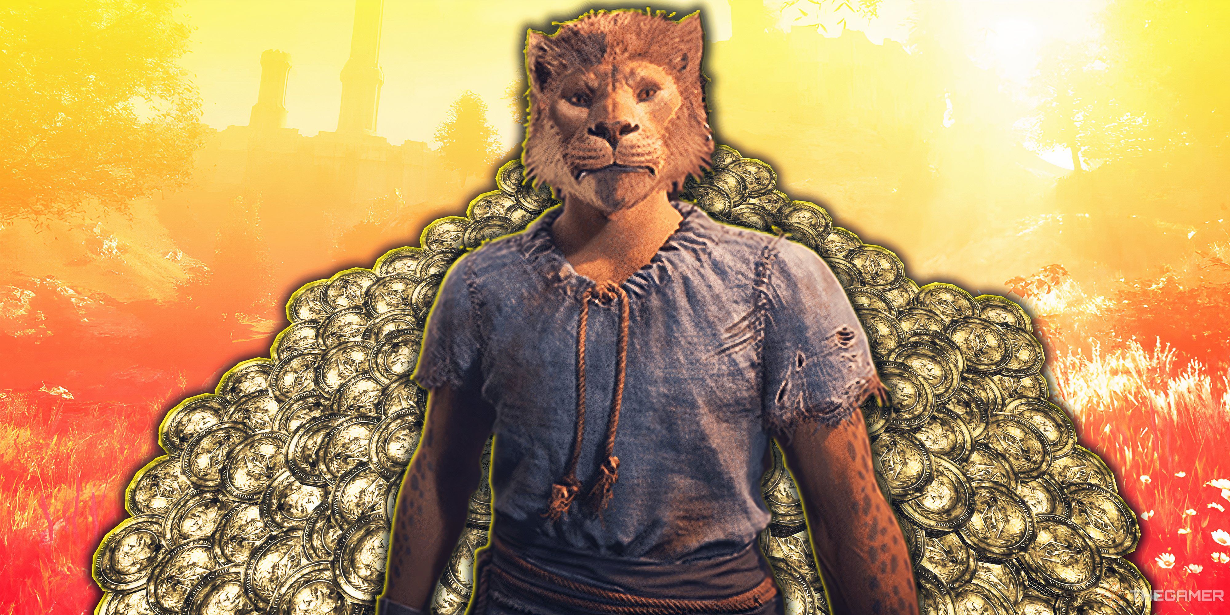 A Khajiit stands in front of a pile of gold in Oblivion Remastered.