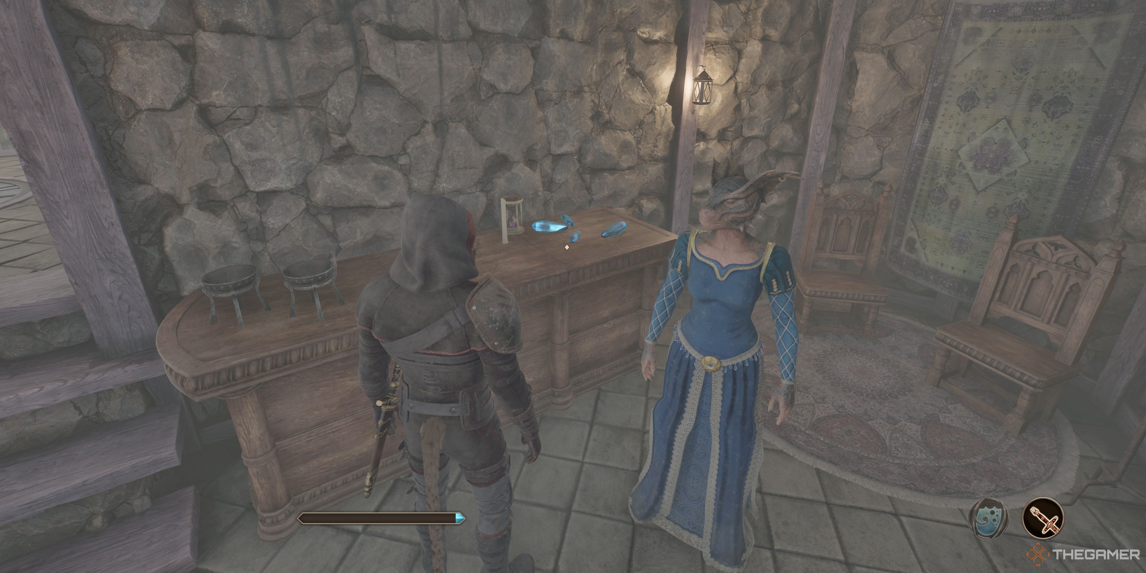 The main character looking at Soul Gems on a table in Oblivion Remastered.