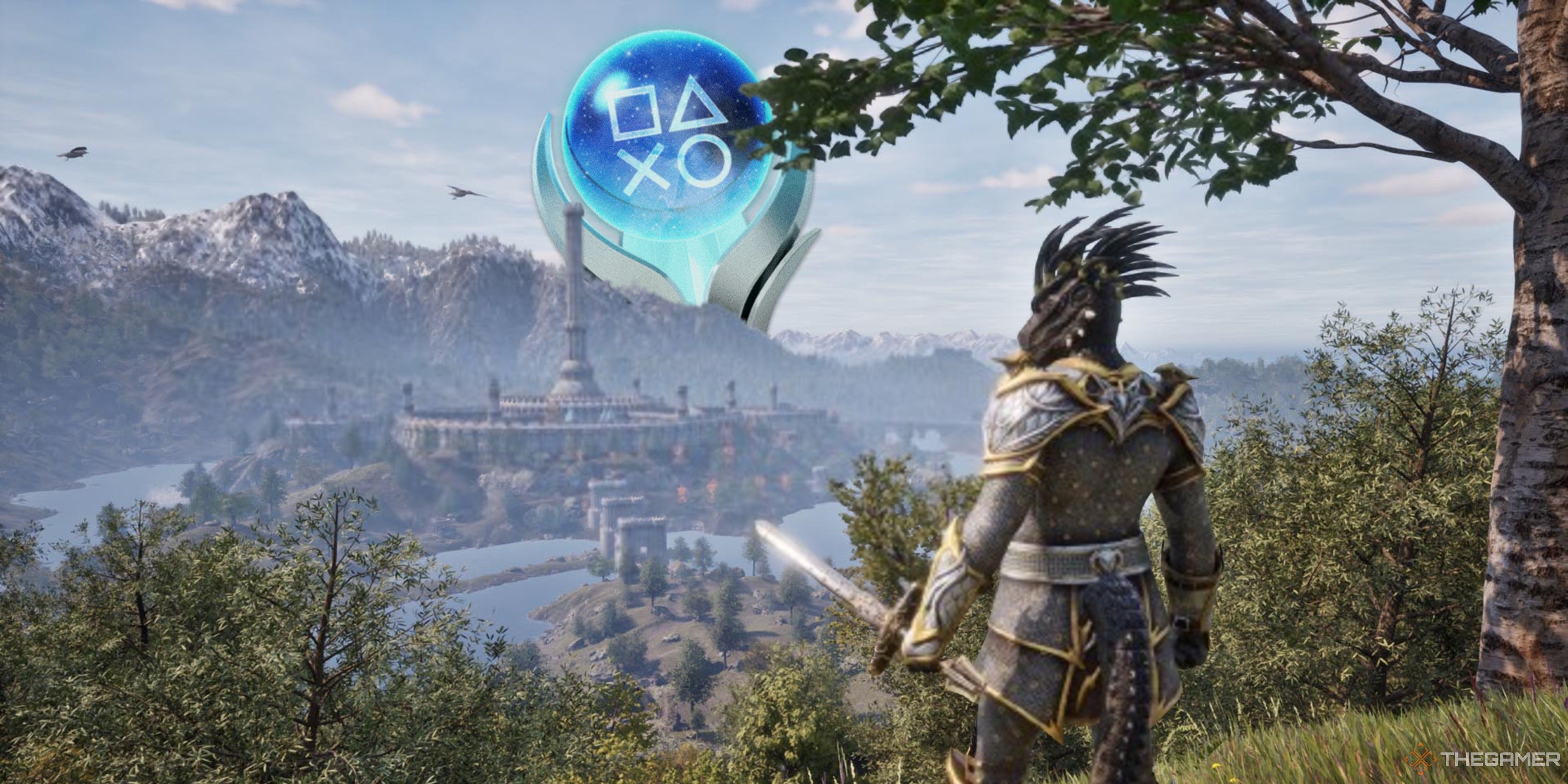 oblivion remastered landscape with a platinum playstation trophy on the horizon.