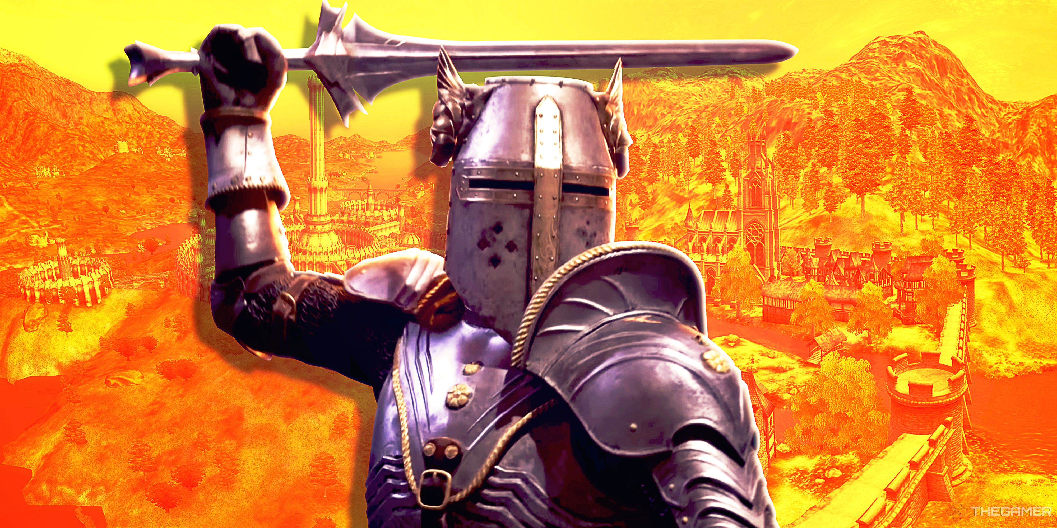 A Knight Of The Nine holding a sword above their head with the Imperial City and Bruma in the background in Oblivion Remastered.