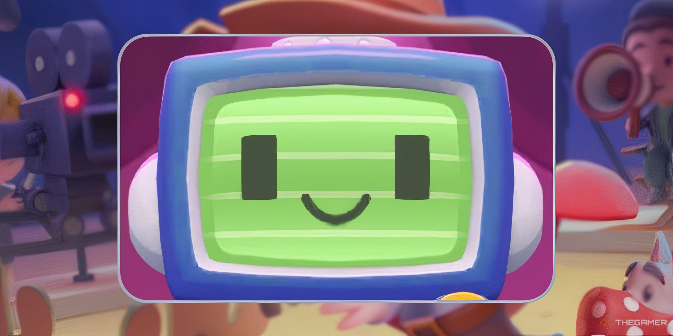 Peg-E Sticker Drop face framed in front of the Movie Night start screen in Monopoly Go.