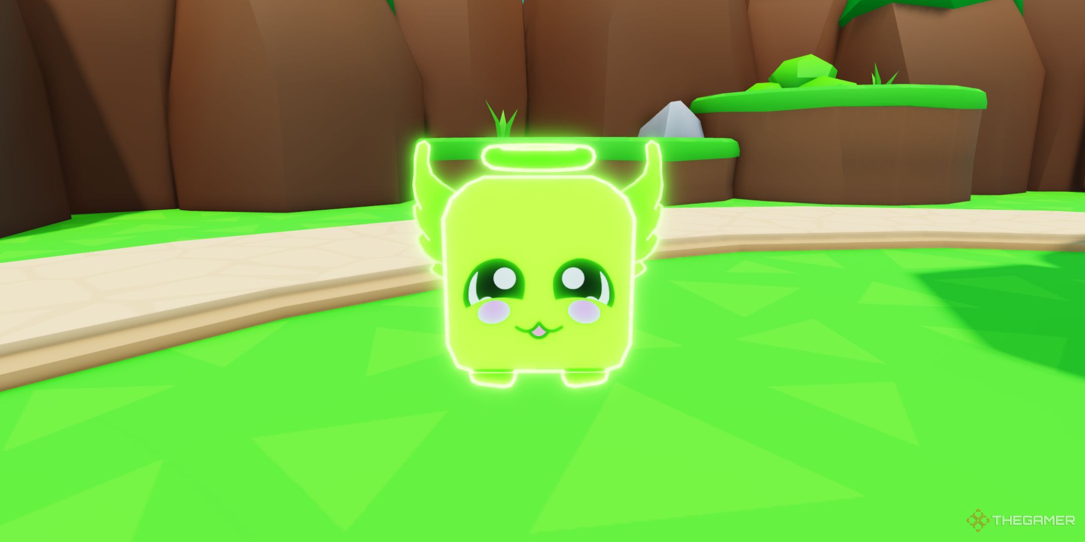 The player character shows his green pet in Bubble Gum Simulator Infinity.