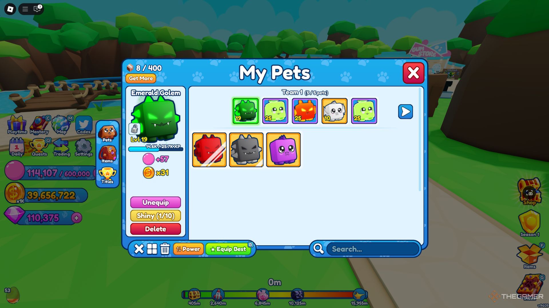 The player character shows his his inventory with different pets in Bubble Gum Simulator Infinity.