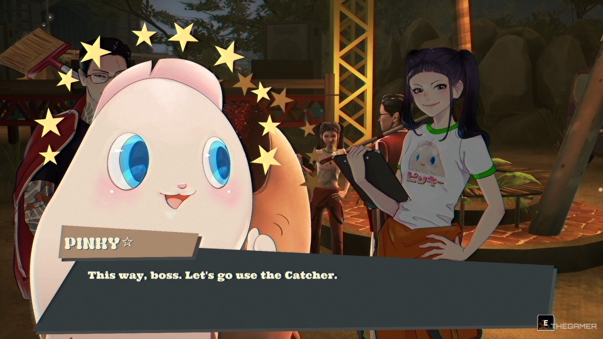 Pinky telling Michi to use the catcher machine in Promise Mascot Agency.