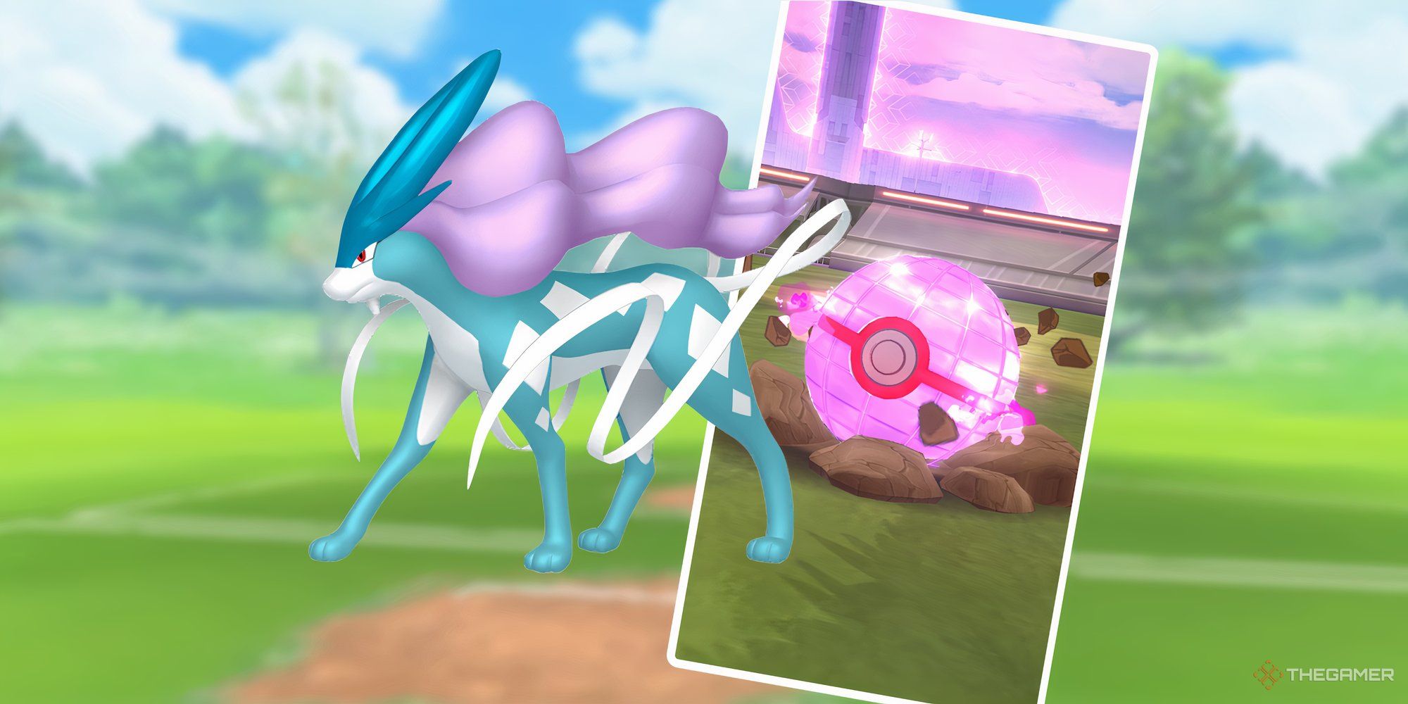 Suicune next to a Premier Ball from the Max Battle catch screen in Pokemon Go.