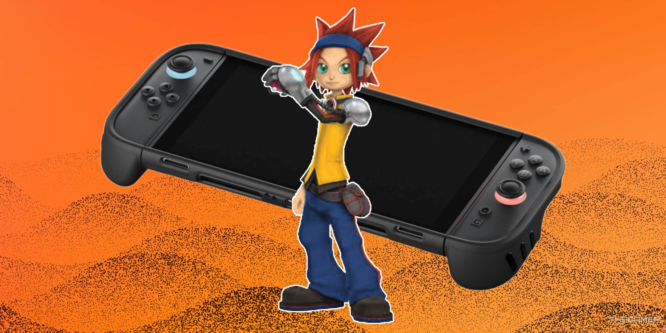 Pokemon XD_ Gale of Darkness character Michael in front of the Nintendo Switch 2 on an orange background
