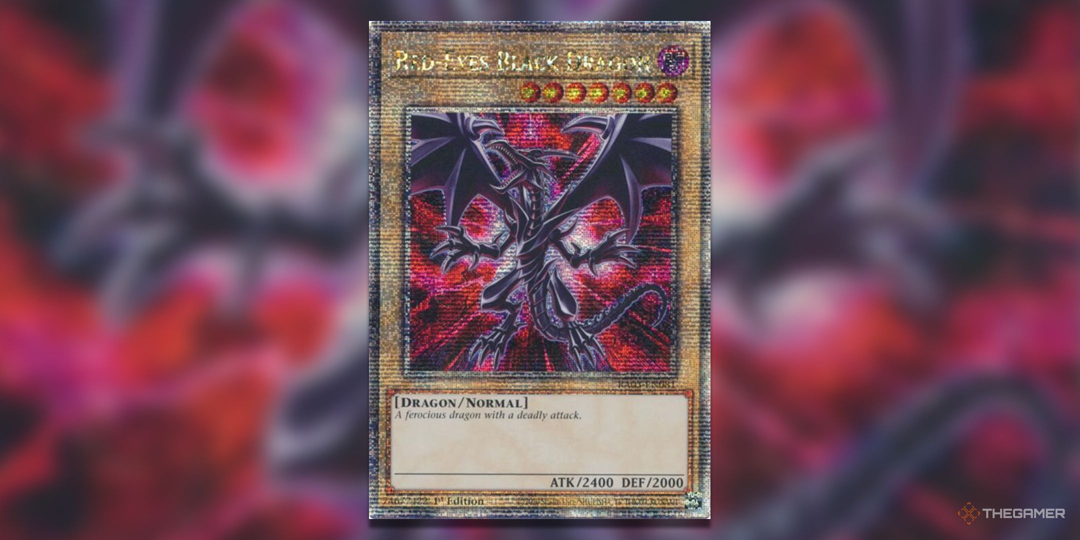 Quarter century secret rare alternate art Red-Eyes Black Dragon from Quarter Century Bonanza Yu-Gi-Oh! TCG card art.