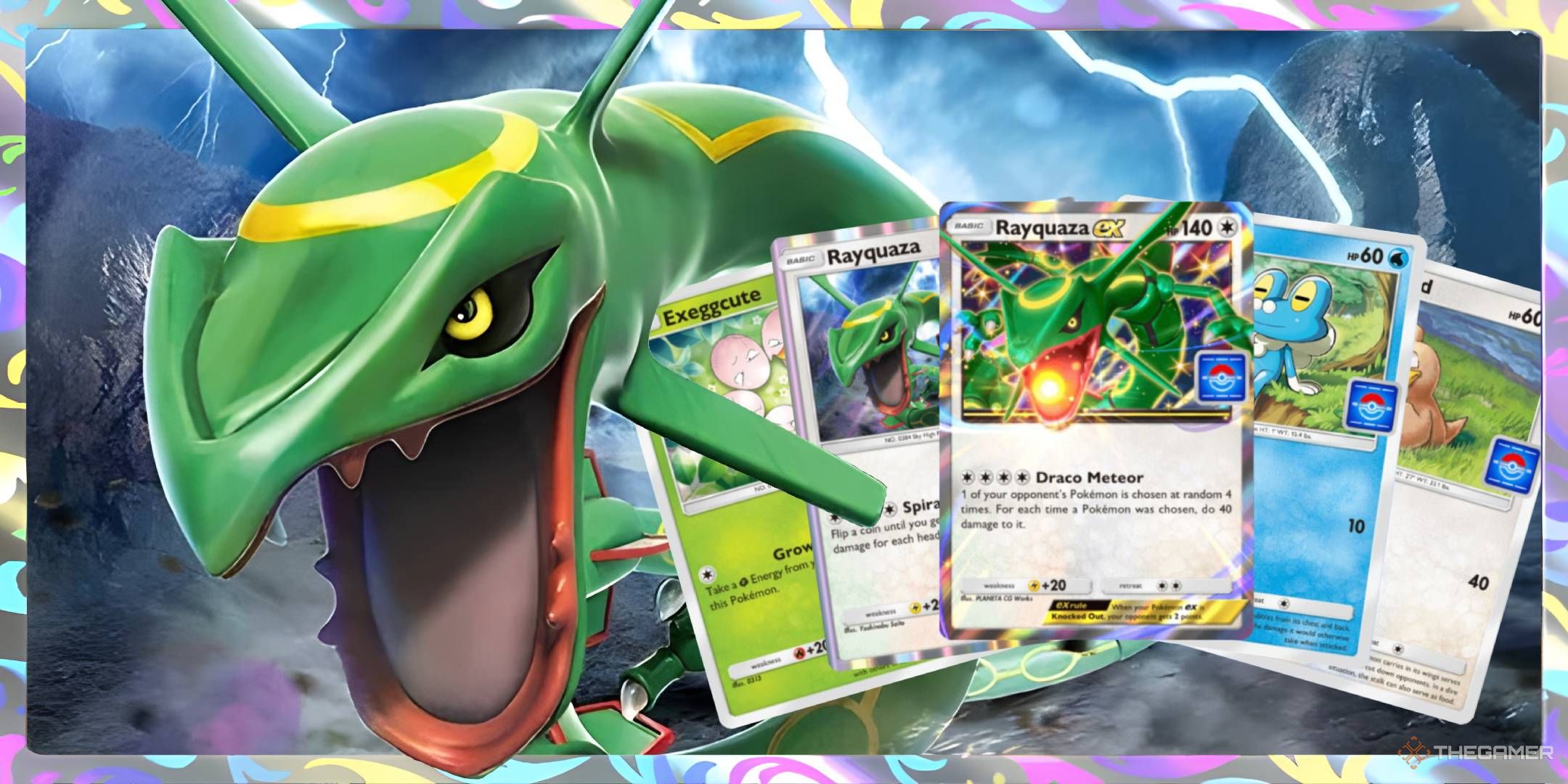 Rayquaza flies past the five available promo cards toward the viewer, with lightning bolts crashing in the background.