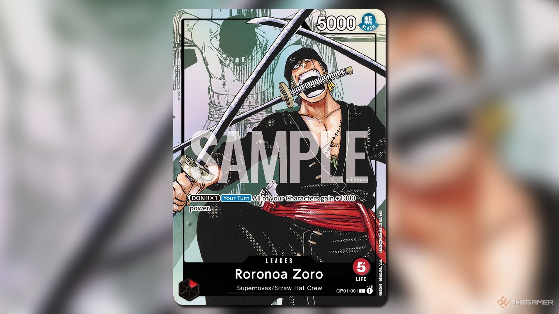 Roronoa Zoro leader card from the Premium Card Collection set in One Piece Card Game.