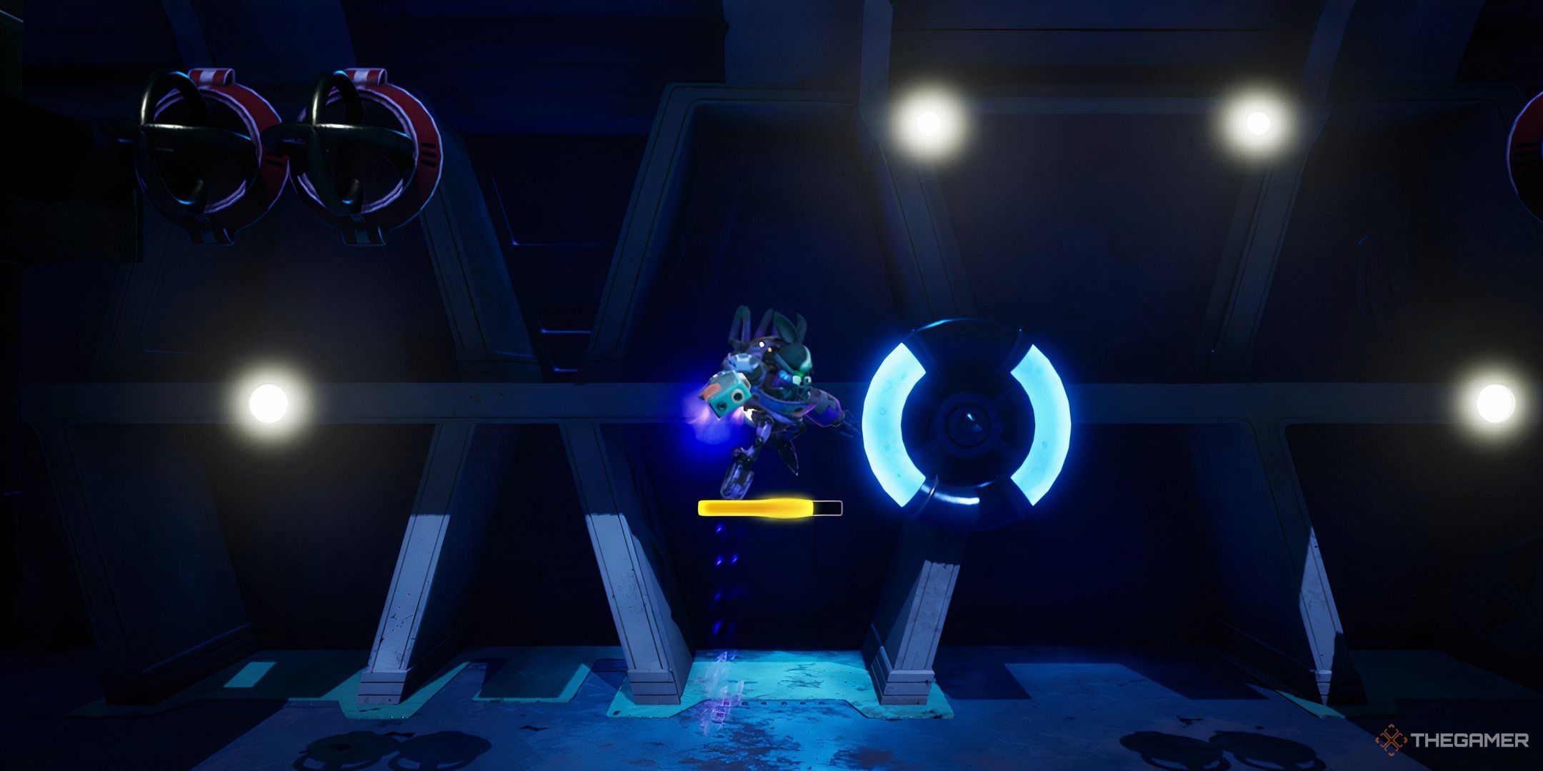 Rusty Rabbit flying in the air with thrusters.
