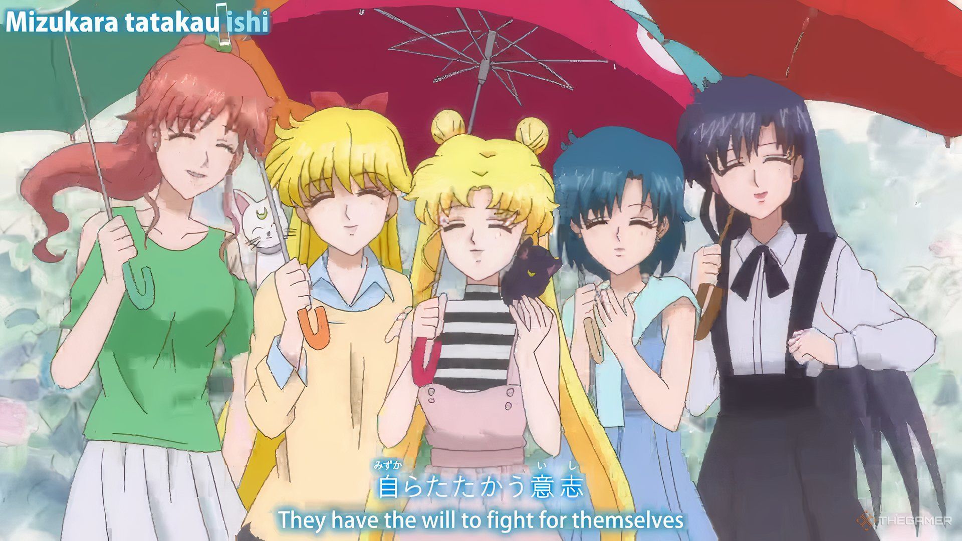 Makoto, Minako, Usagi, Rei, and Ami, stood together with an umbrella in Sailor Moon Crystal