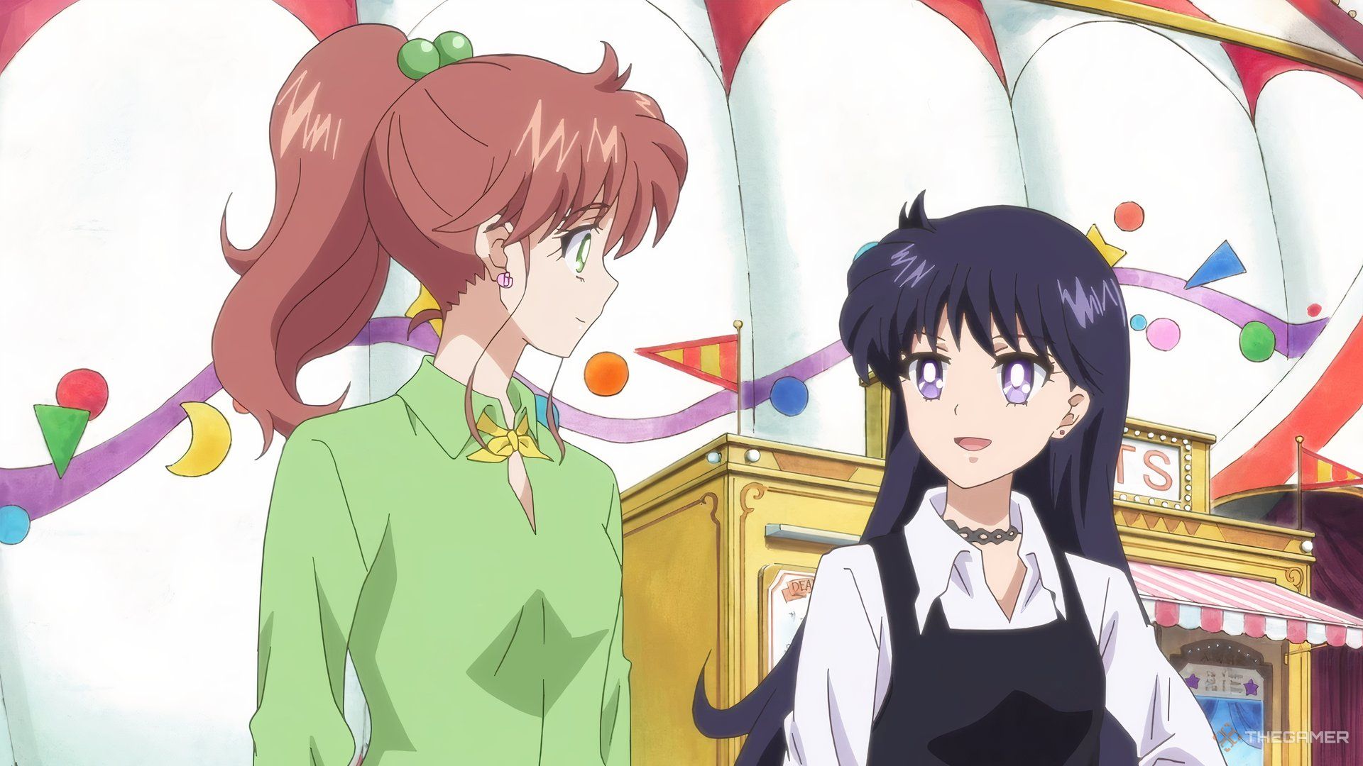 Rei talking to Makoto at a circus in Sailor Moon Eternal. They&rsquo;re wearing plain clothes.