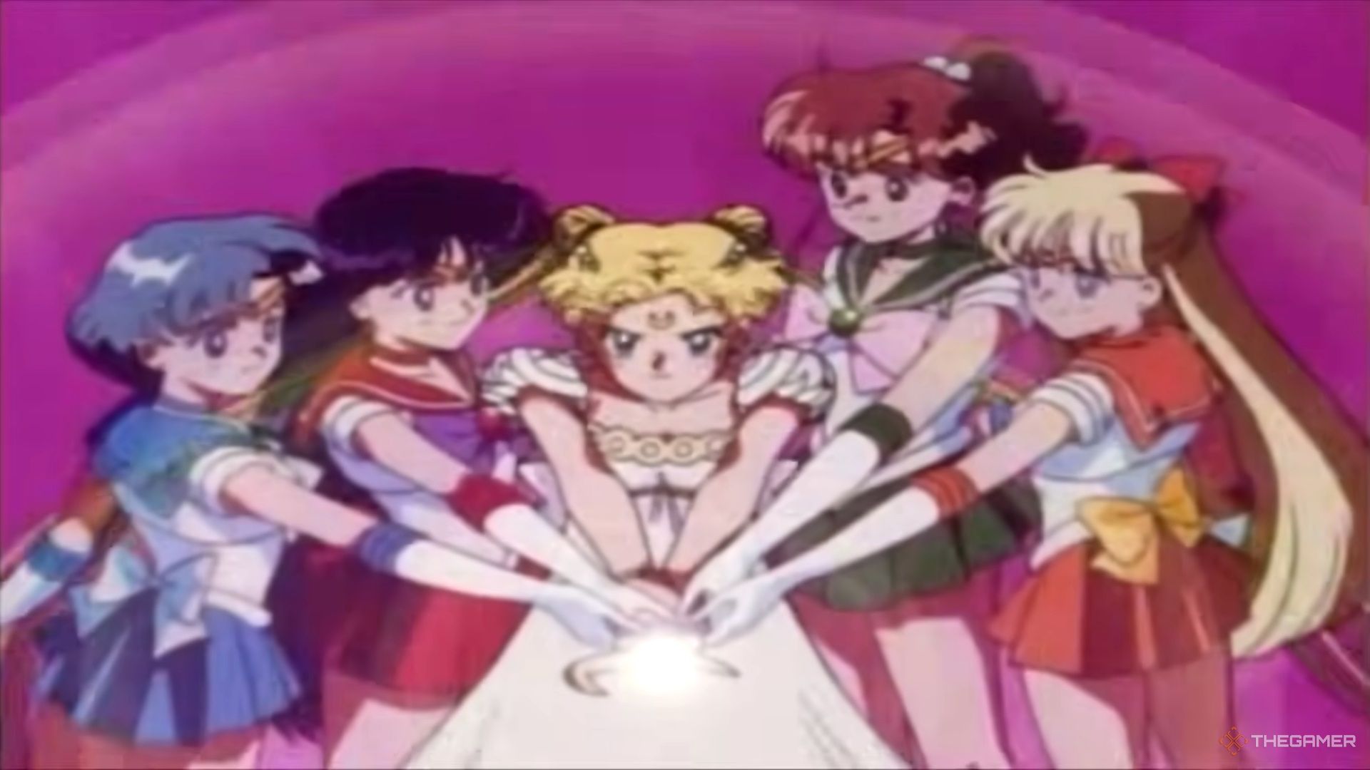 All Sailor Scouts in the original Sailor Moon holding a hand together in their sailor outfits.