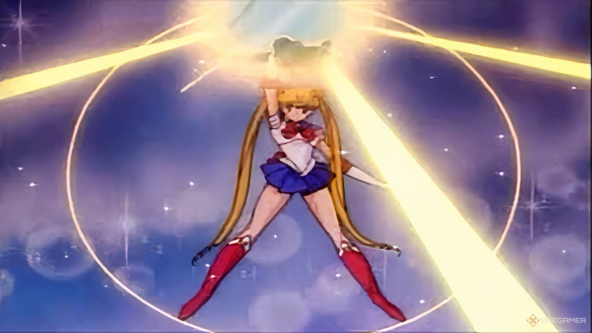 Usagi from Sailor Moon in her uniform using the moon prism power ability.