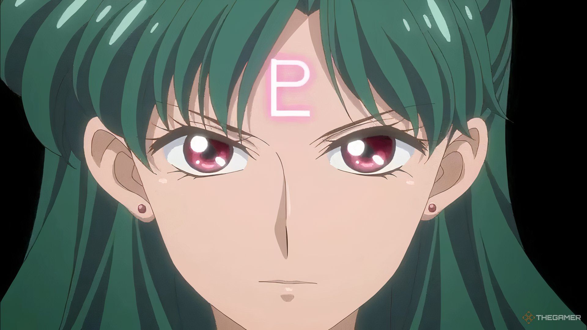 A close-up of reboot era Sailor Pluto with a glowing symbol for Pluto on her forehead.