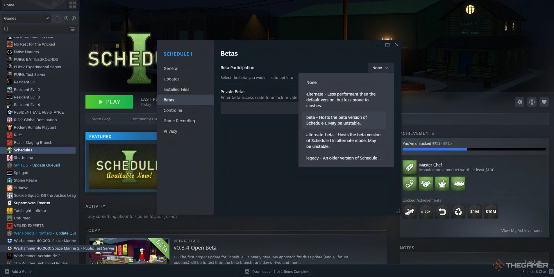 Updating to the beta version of Schedule 1 in the Beta menu of the Properties.