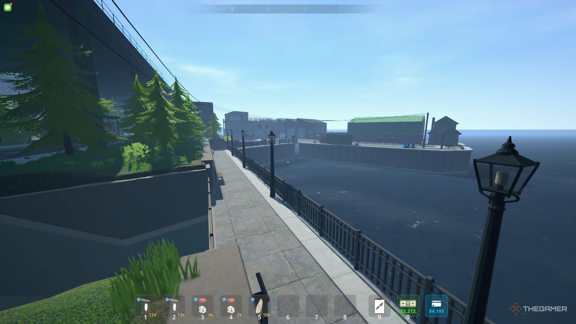 Player looking at the docks. There is water infront with a lightpost in the foreground.