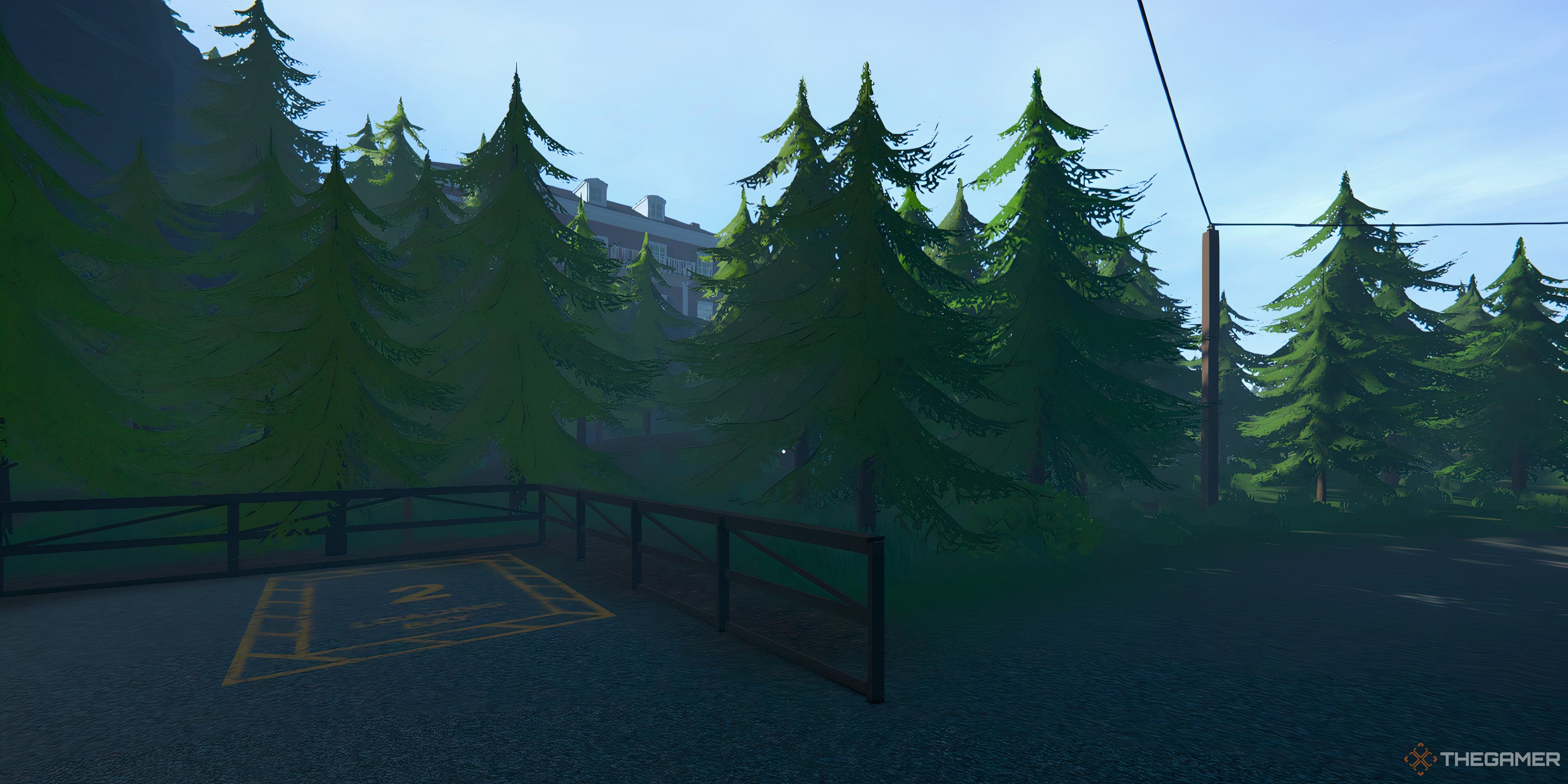 Character in the forest. There is a house peaking from behind the trees.