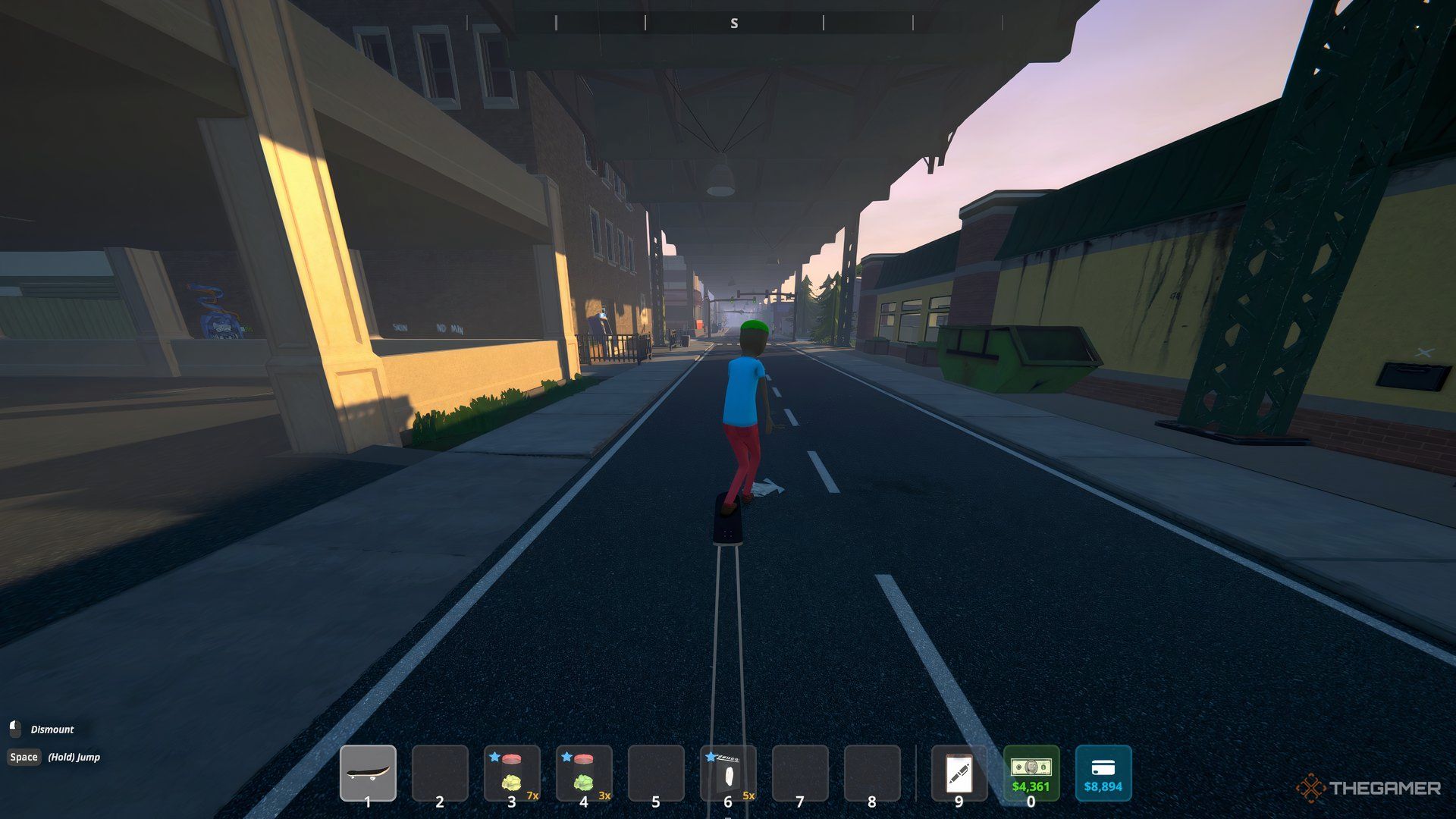 Character skatebording in the middle of the road.