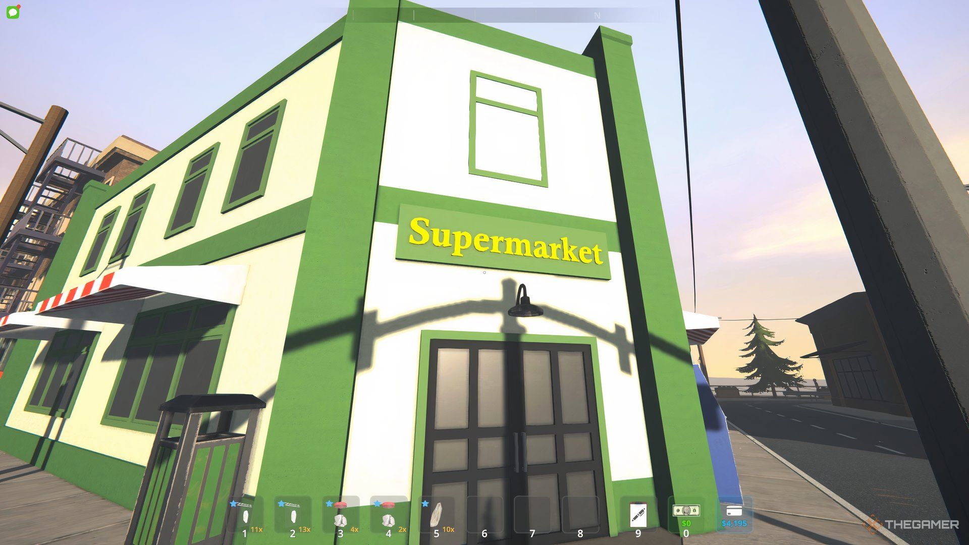 Character looking at the Supermarket during the day time.