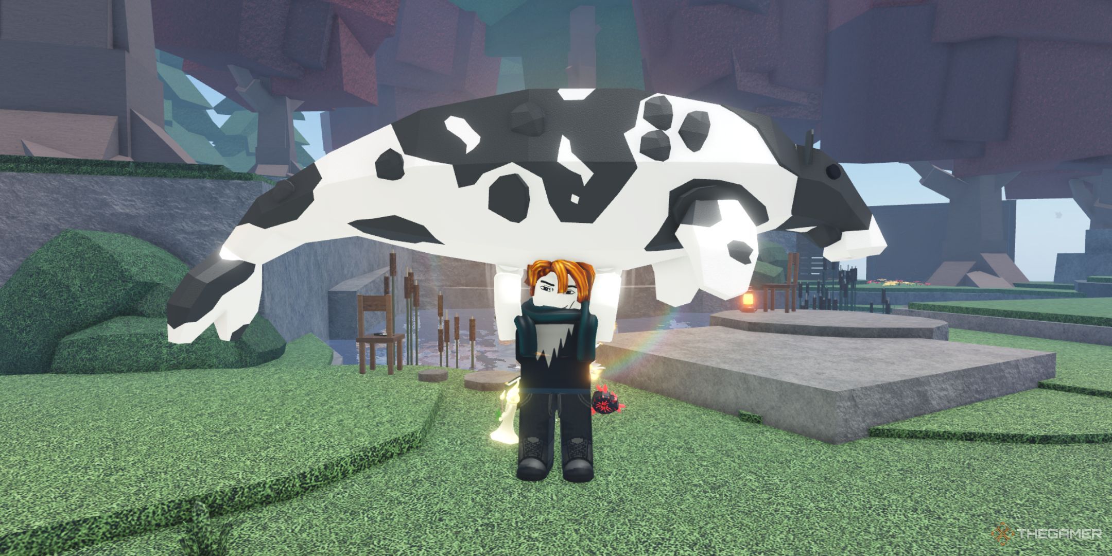 The player character holding Seacow with his hands while smiling in the Moosewood location in Fisch.