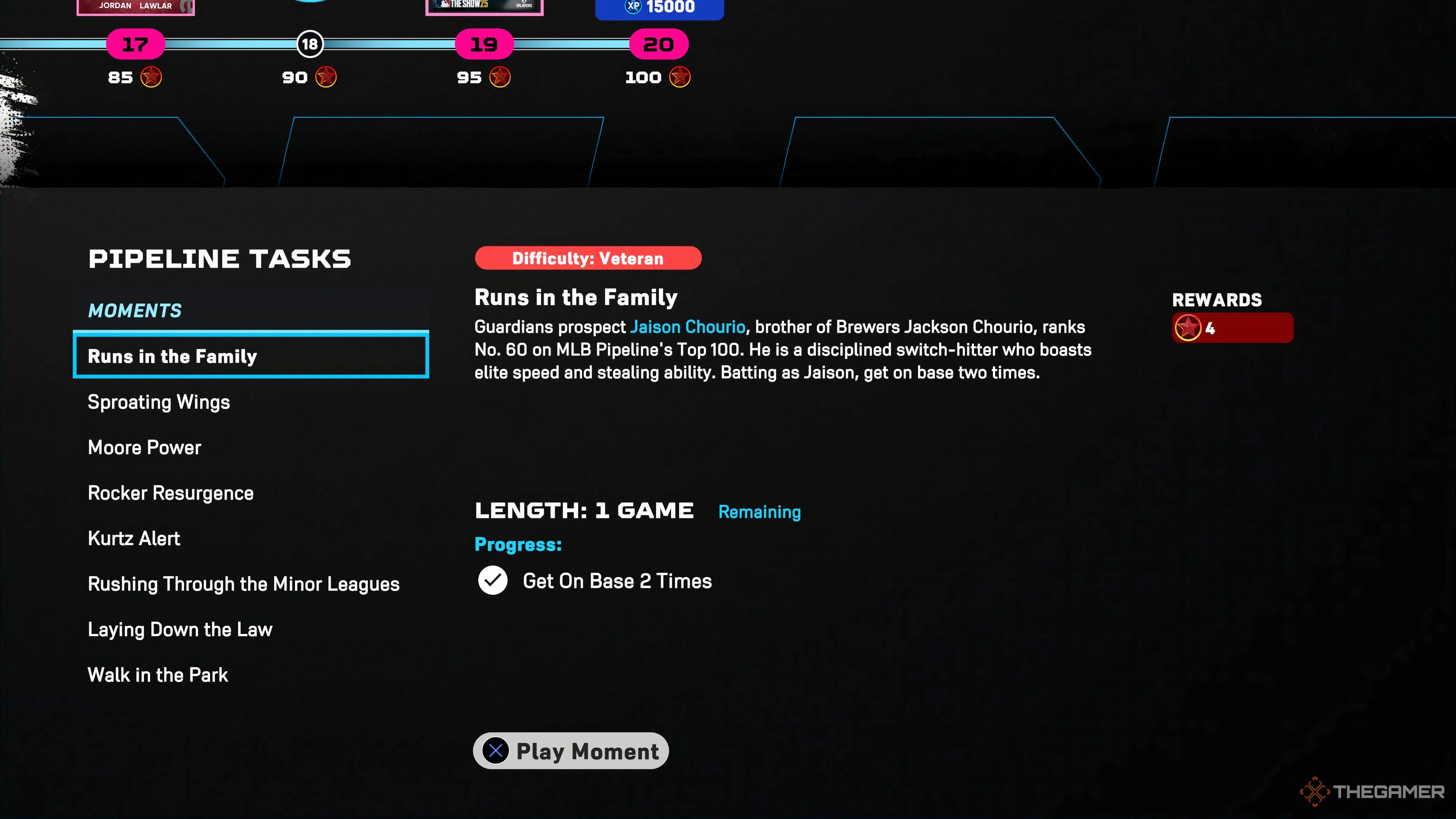 The Pipeline Moments page in MLB The Show 25.