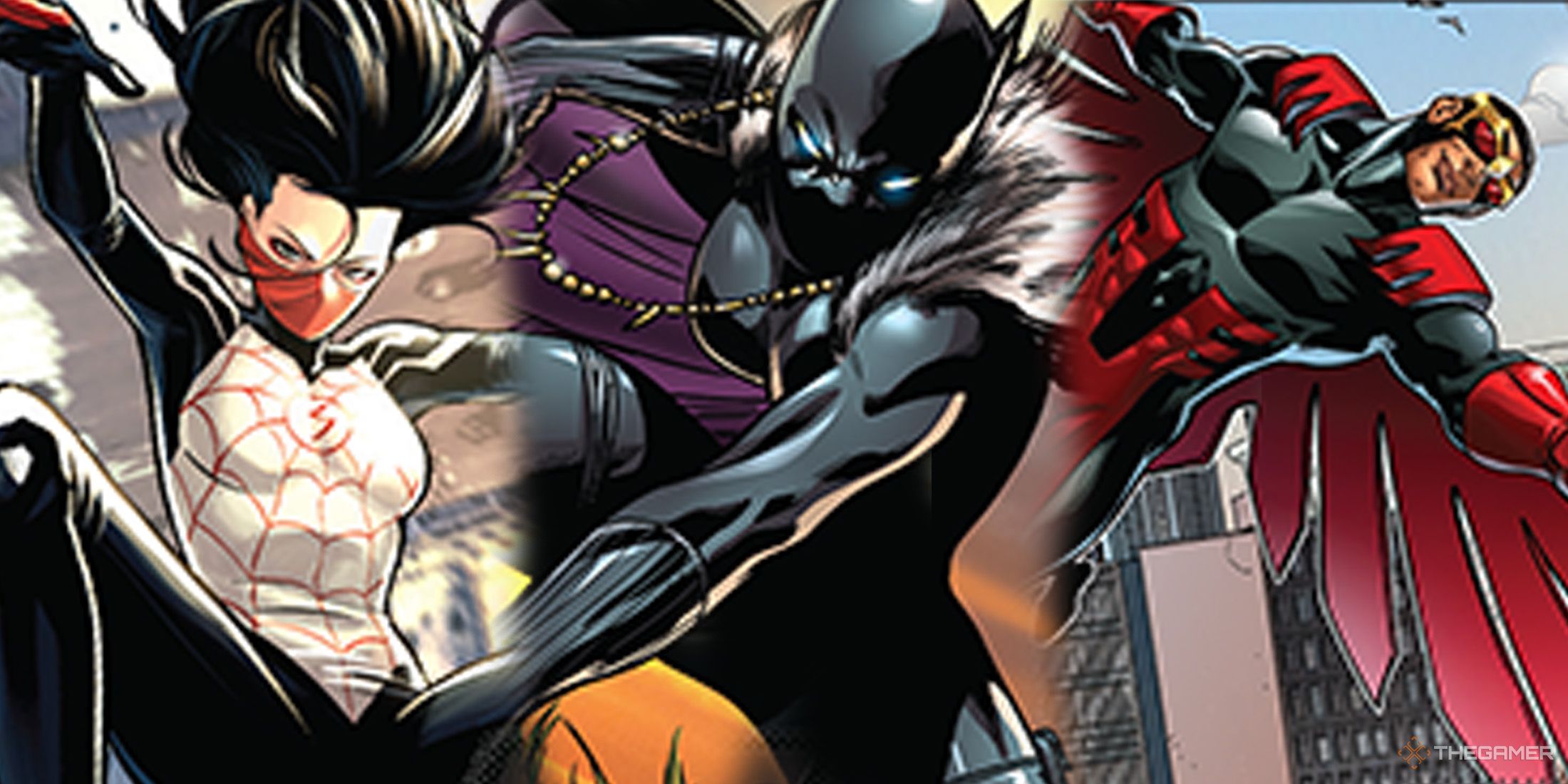 Silk, Black Panther and Falcon card illustrations from Marvel Champions.