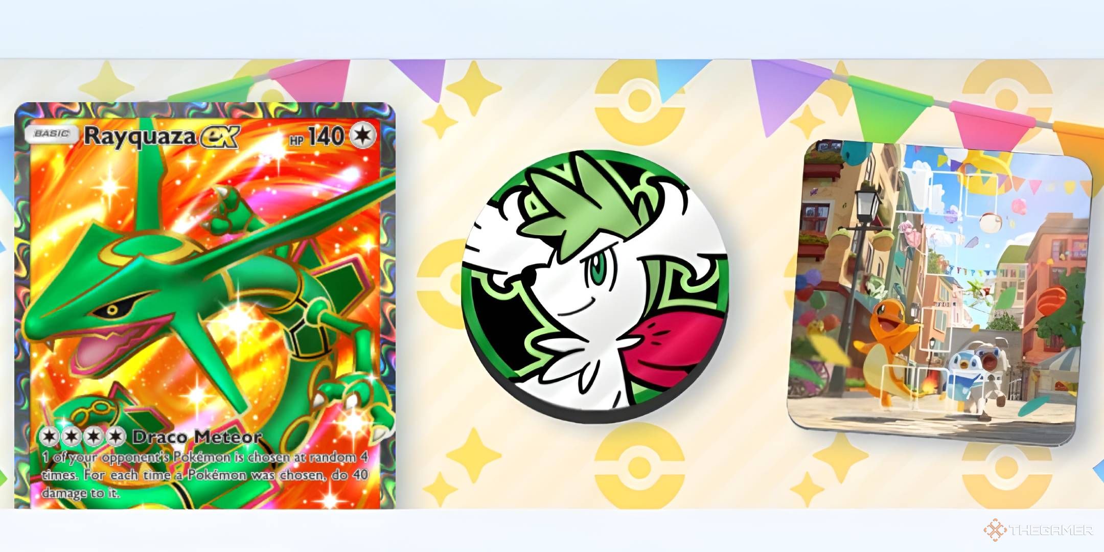 The Special Missions 2025 event announcement banner, showing the Rayquaza ex card, Shaymin coin, and Street Party playmat.
