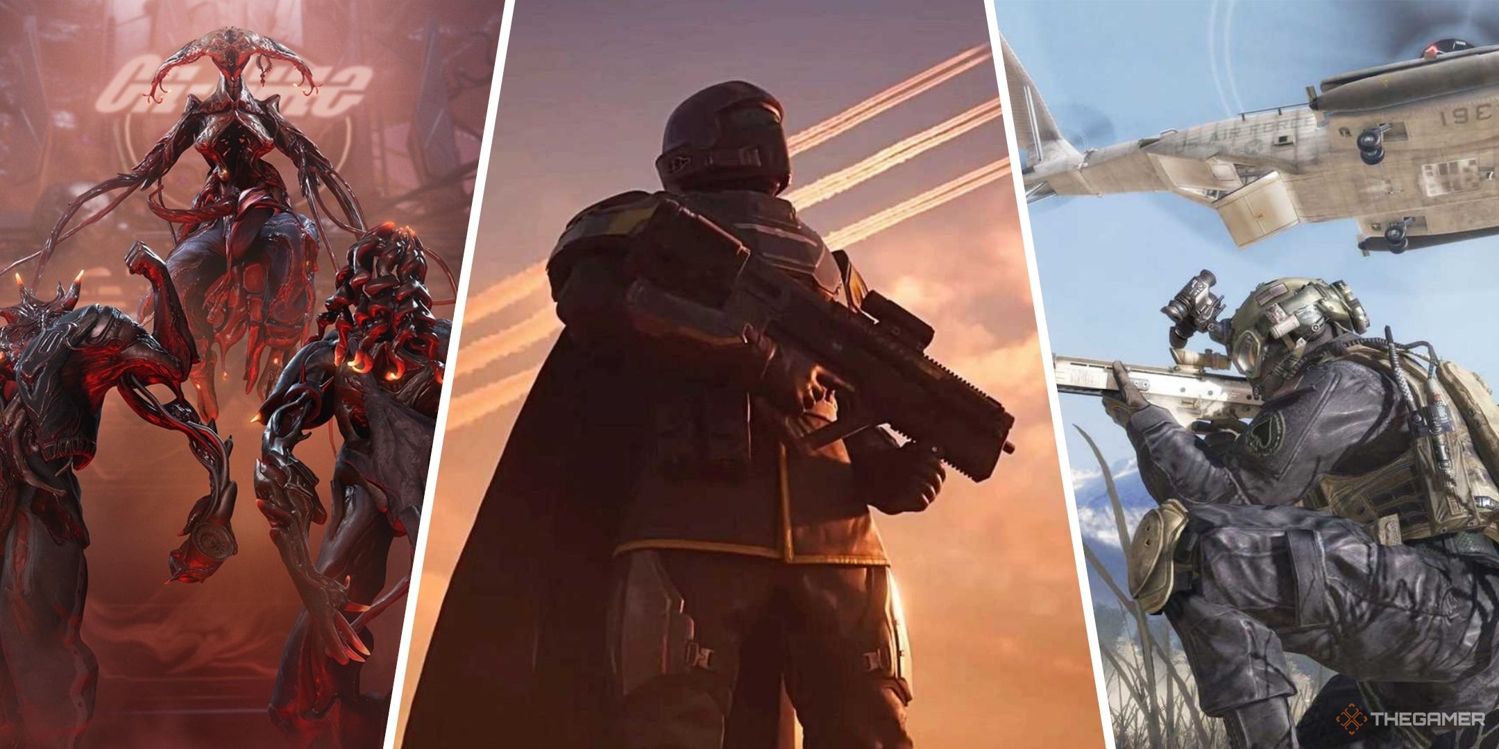 Split images of Warframe, Helldivers 2, and Call of Duty Modern Warfare 2.