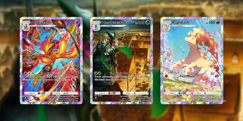 An image with the full art versions of Alakazam, Meowscarada, and Rapidash in Pokemon TCG Pocket.