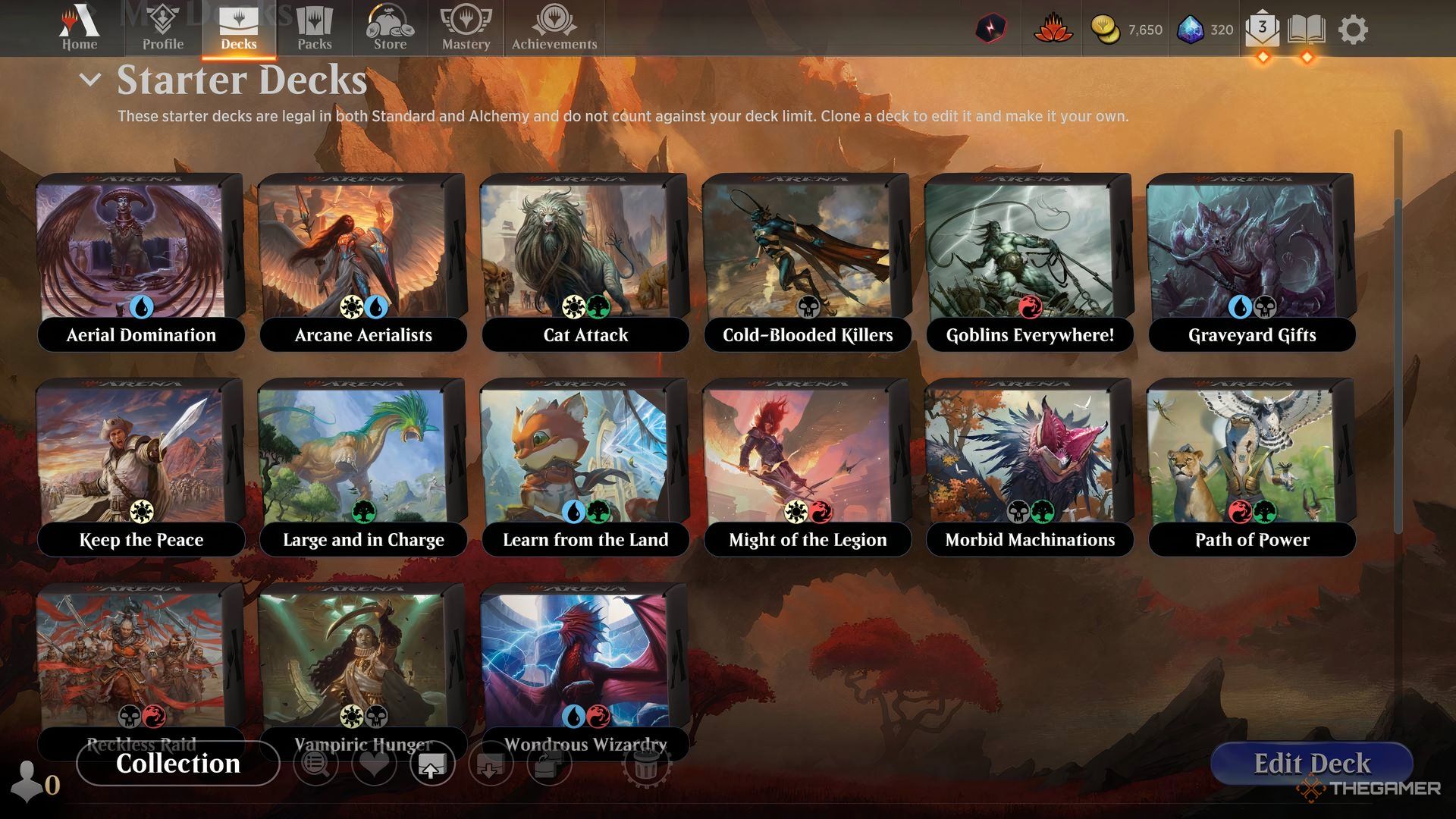 A collection of starter decks on Magic: The Gathering Arena.