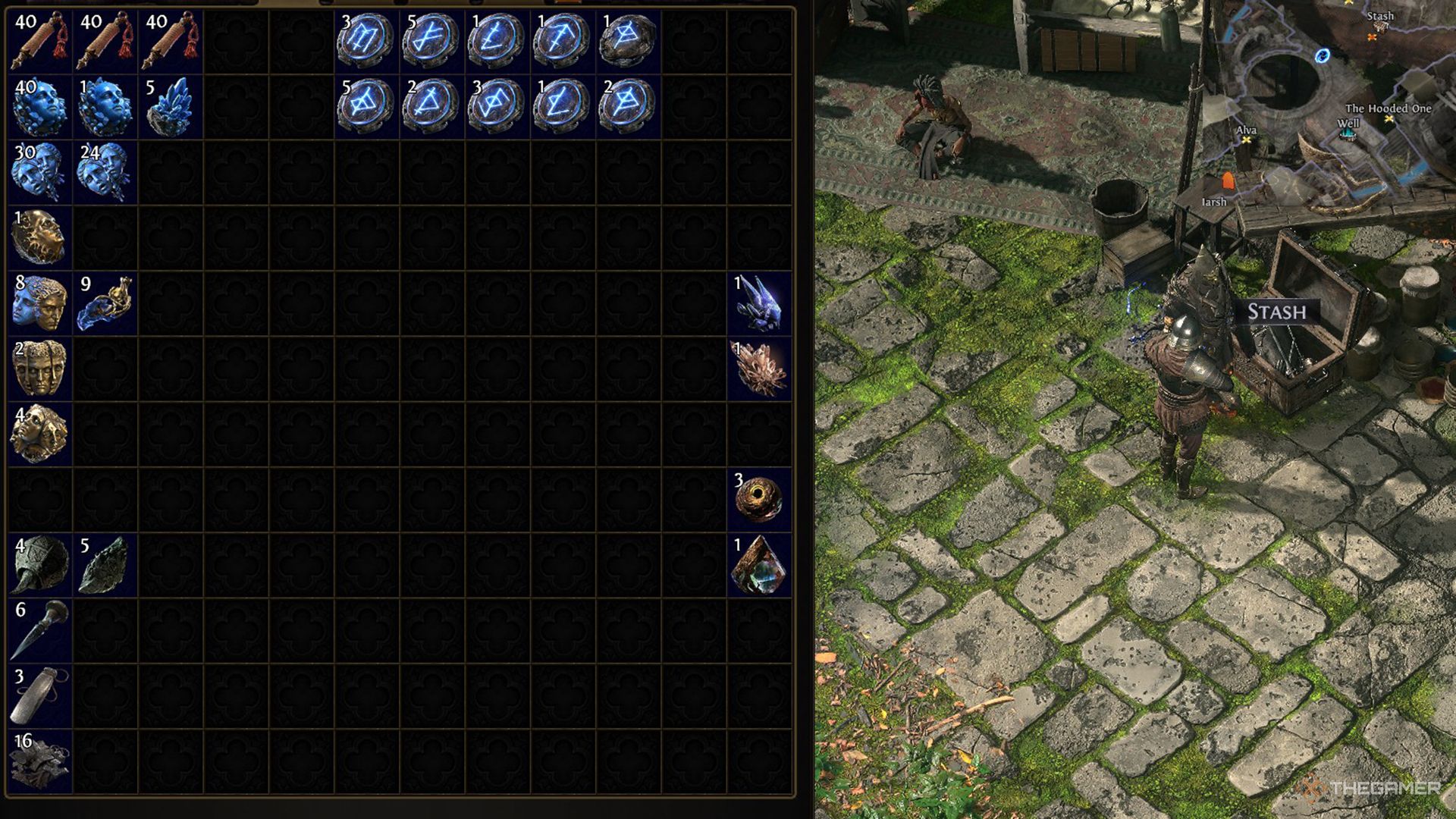 The player inspecting their Stash filled with different types of Currency items in Path of Exile 2.