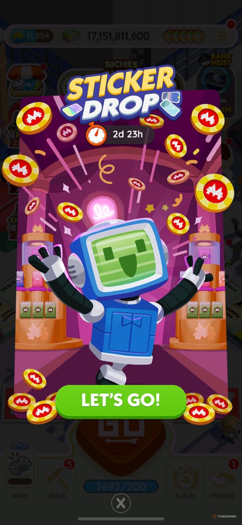 Sticker drop start screen in Monopoly Go.