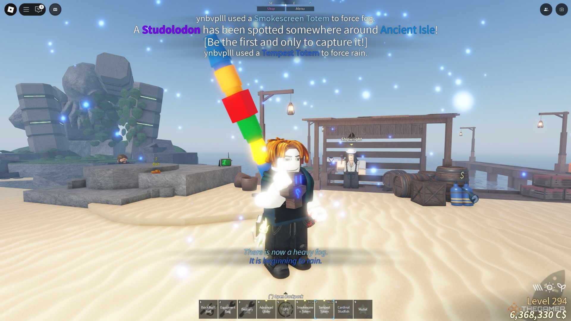 The player's character shows a notice of Hunting for Studlodon near the area of ​​the ancient island in Fish.