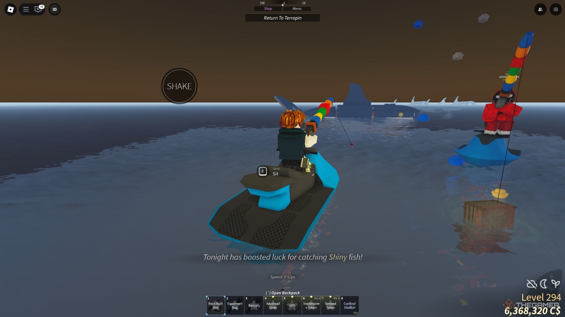The player's character catch fish in the Studolodon pool in the festival.