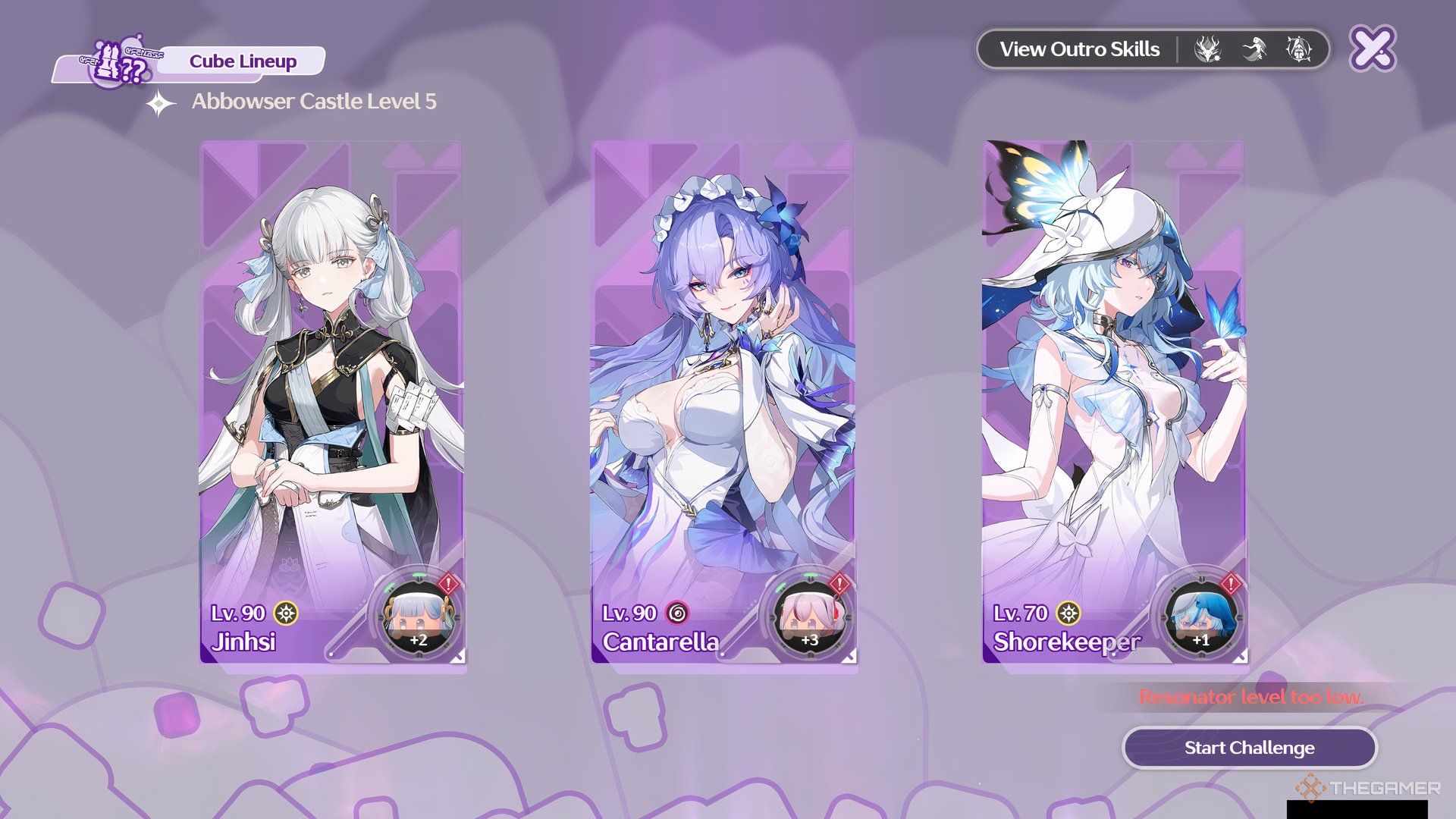 Team selection screen featuring Jinhsi, Cantarella, and Shorekeeper in Wuthering Waves.