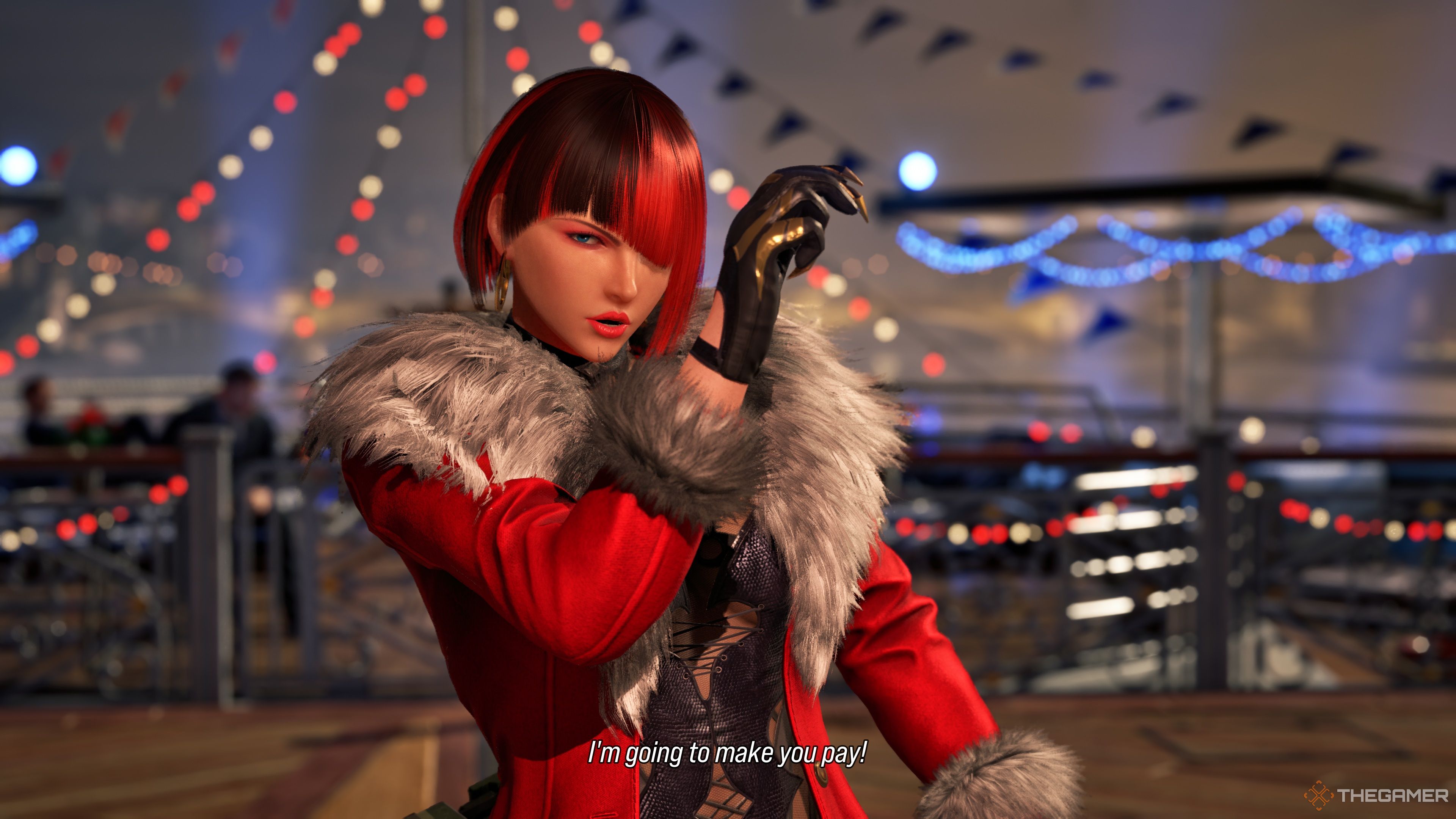 فیلم مقدماتی آنا ویلیامز در Tekken 8 ، به نینا می گوید "من قصد دارم شما را پرداخت کنم!" در حالی که او با دست راست خود که در نزدیکی سرش بلند شده است قرار می گیرد.