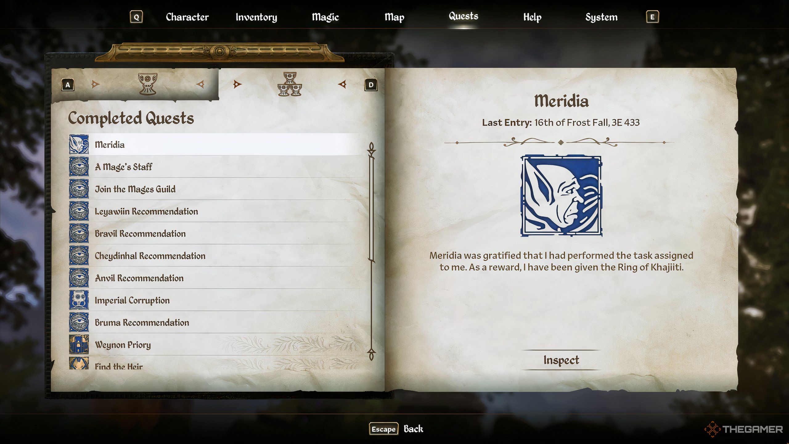 صفحه نمایش کامل Meridia Quest در Oblivion Remastered.