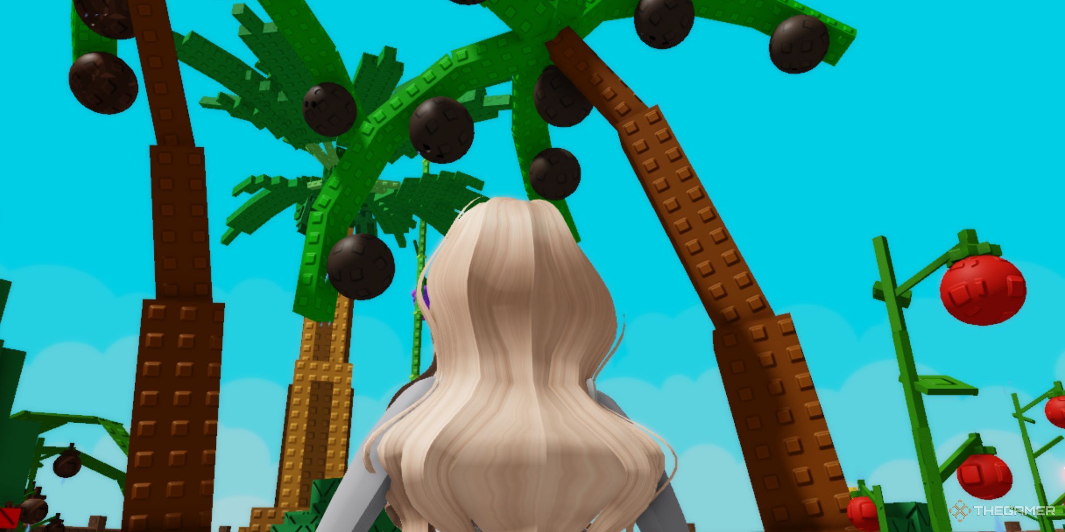 The player stands in front of a garden growing in a garden in Roblox.