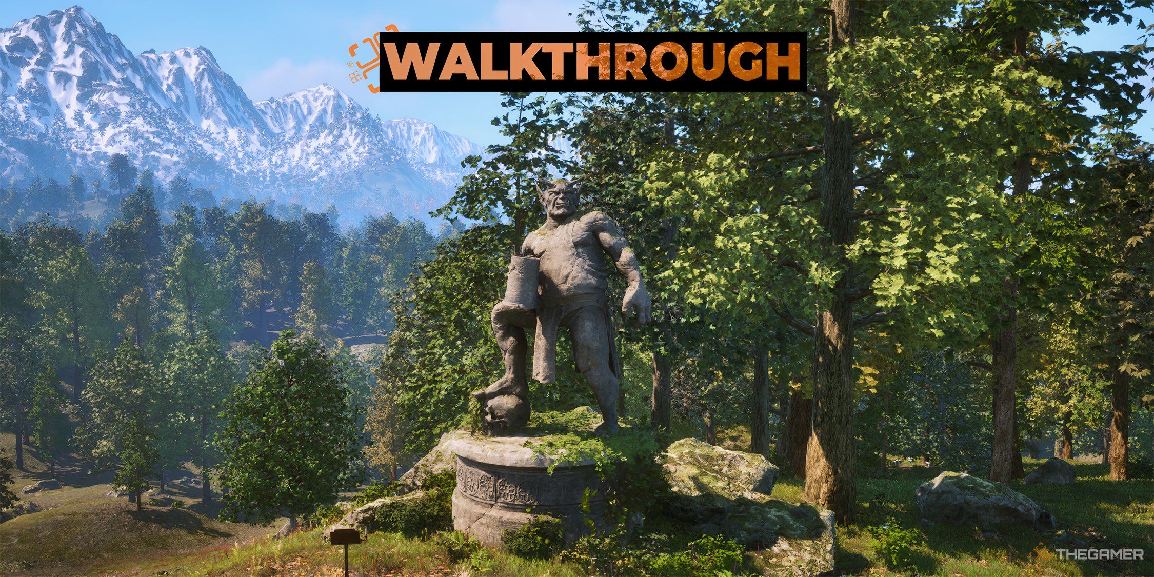 The Sanguine statue in the sun with a quest walkthrough overlay in Oblivion Remastered.