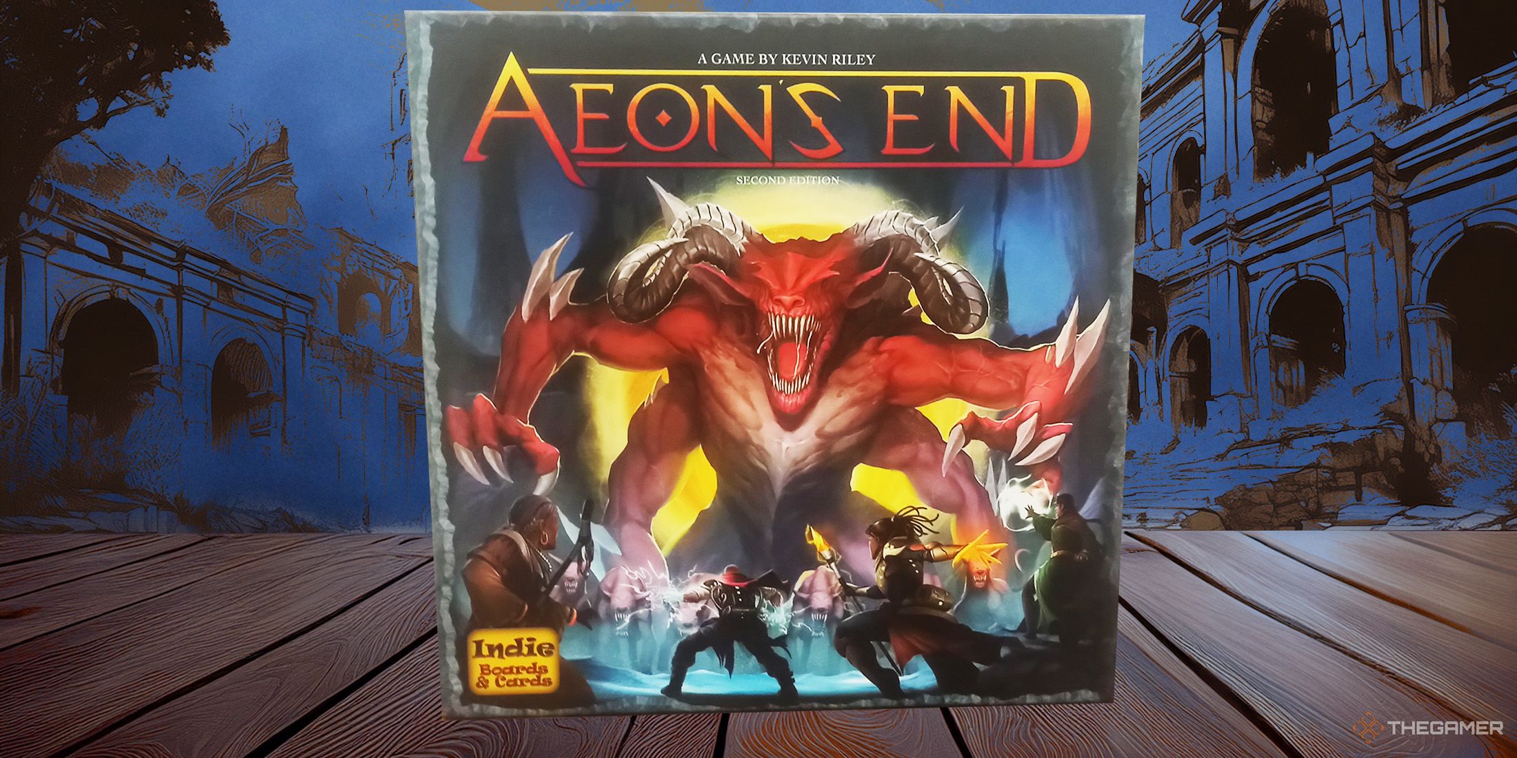 Avon's end board is on the table in front of the background of ruins.