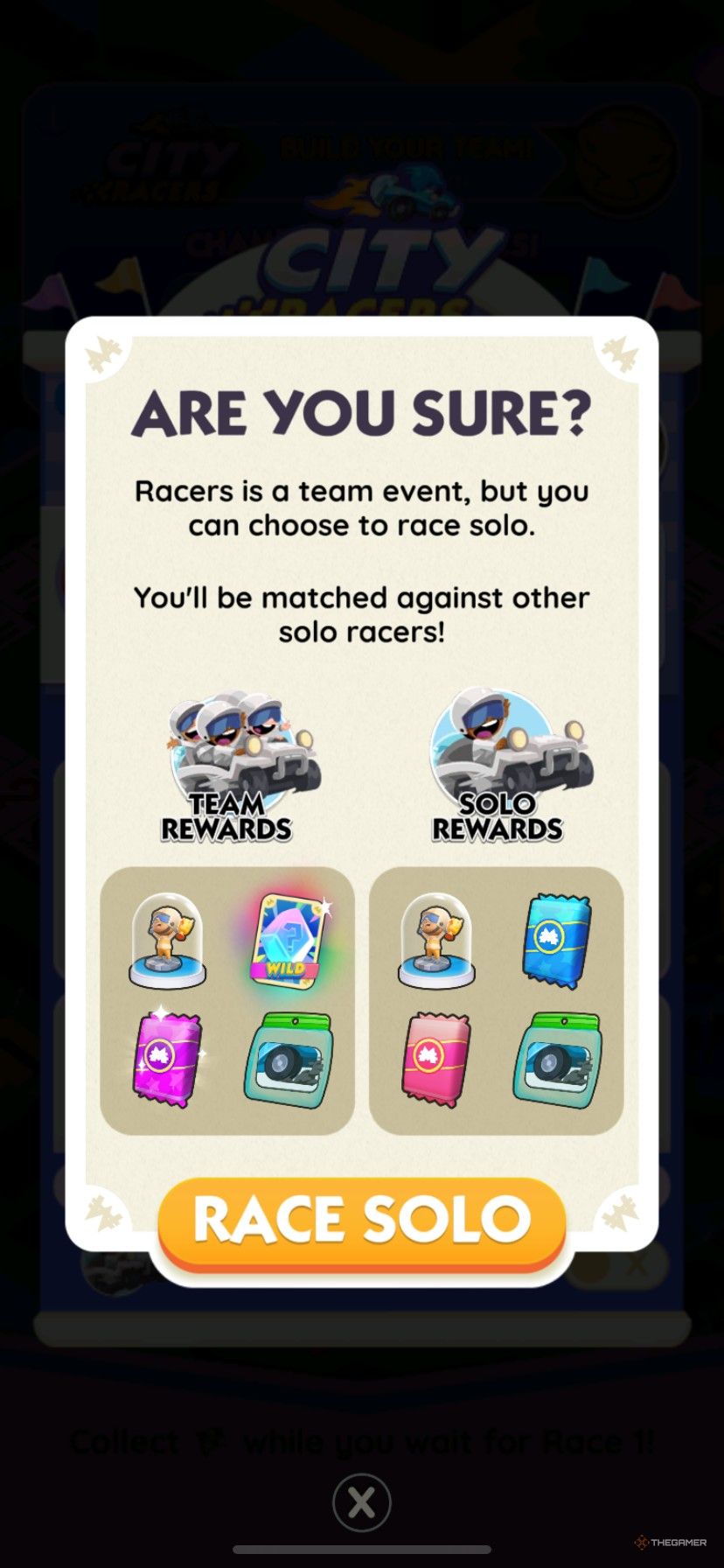 The top prizes for the team and solo racers in City Racers from Monopoly Go.